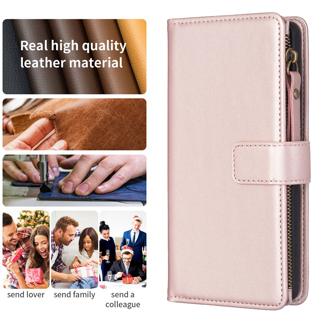 Xiaomi Redmi 13C Leather Flip Wallet Phone Case with 9 Card Slots, Zipper Compartment, and Adjustable Stand