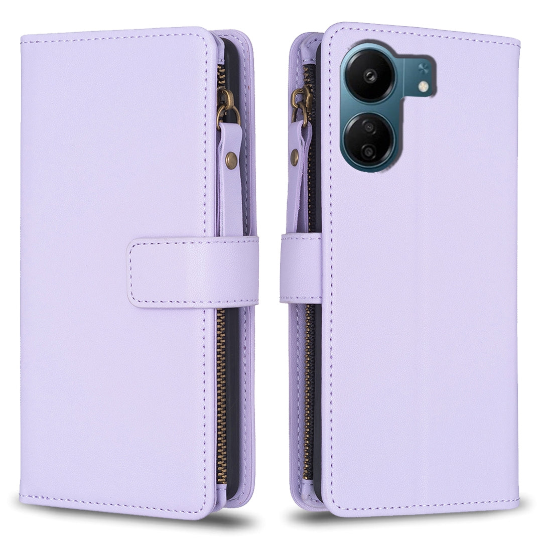Xiaomi Redmi 13C Leather Flip Wallet Phone Case with 9 Card Slots, Zipper Compartment, and Adjustable Stand