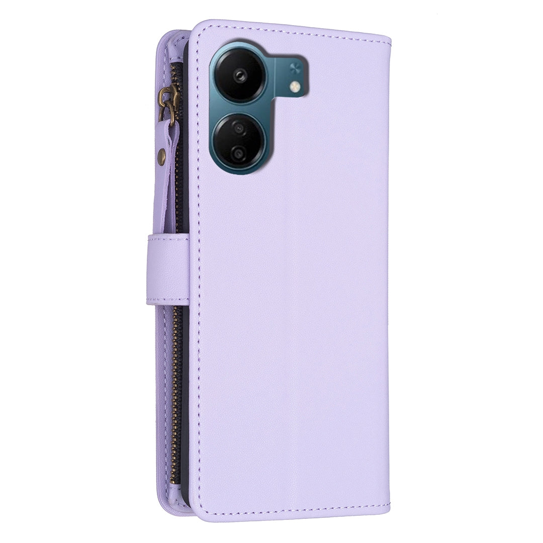 Xiaomi Redmi 13C Leather Flip Wallet Phone Case with 9 Card Slots, Zipper Compartment, and Adjustable Stand