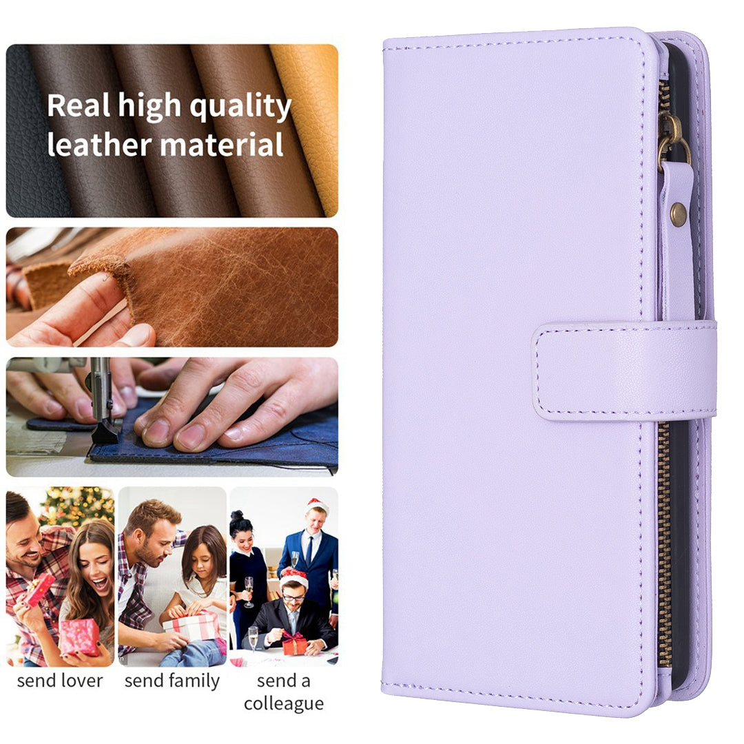 Xiaomi Redmi 13C Leather Flip Wallet Phone Case with 9 Card Slots, Zipper Compartment, and Adjustable Stand