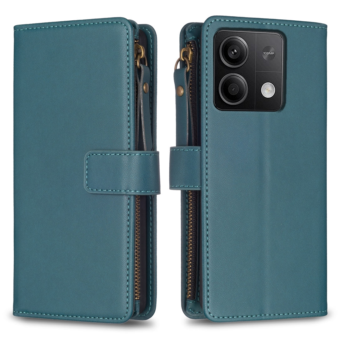 Xiaomi Redmi Note 13 4G Global Leather Flip Wallet Phone Case with 9 Card Slots, Zipper Compartment, and Adjustable Stand