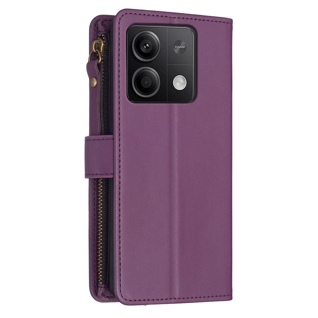 Xiaomi Redmi Note 13 4G Global Leather Flip Wallet Phone Case with 9 Card Slots, Zipper Compartment, and Adjustable Stand