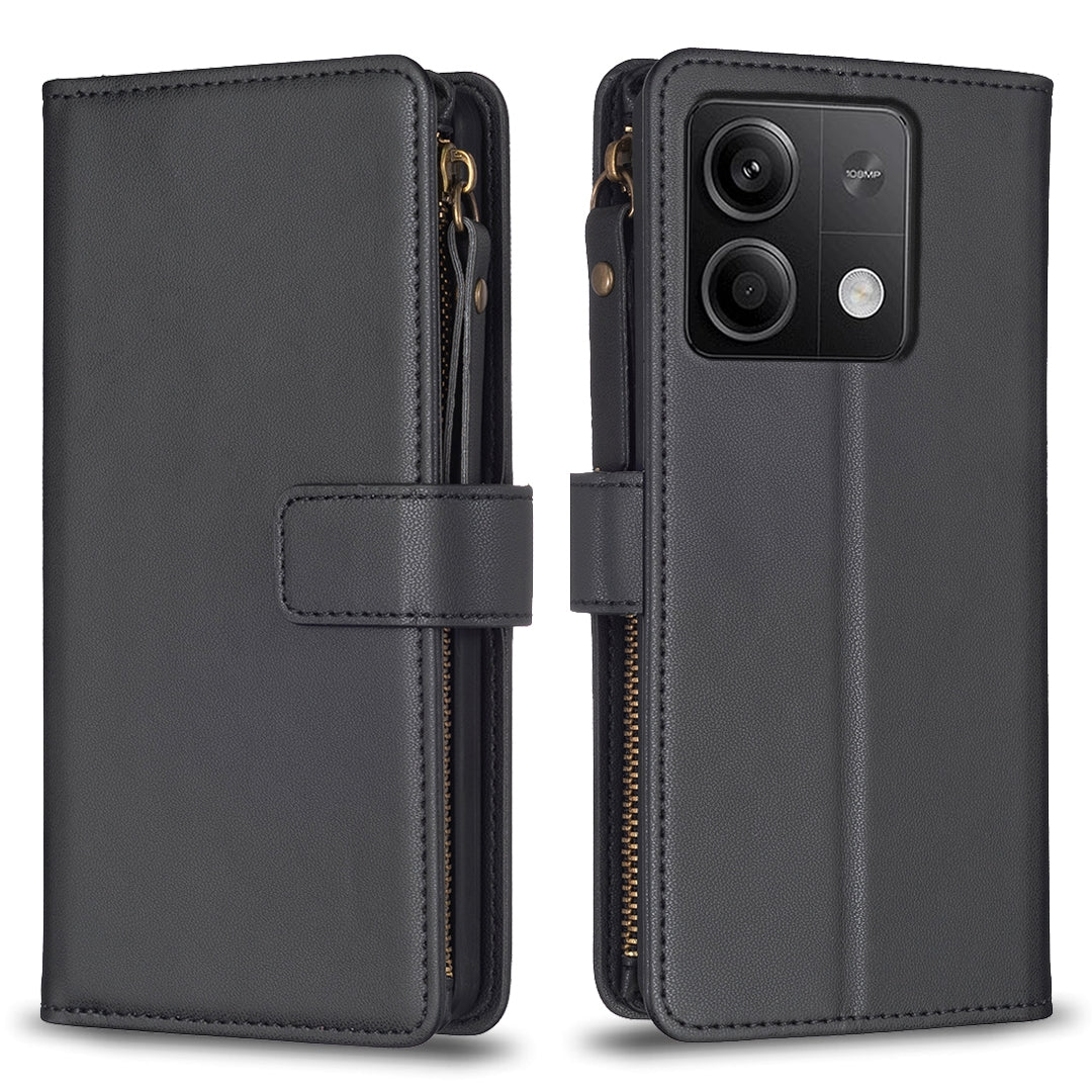 Xiaomi Redmi Note 13 4G Global Leather Flip Wallet Phone Case with 9 Card Slots, Zipper Compartment, and Adjustable Stand