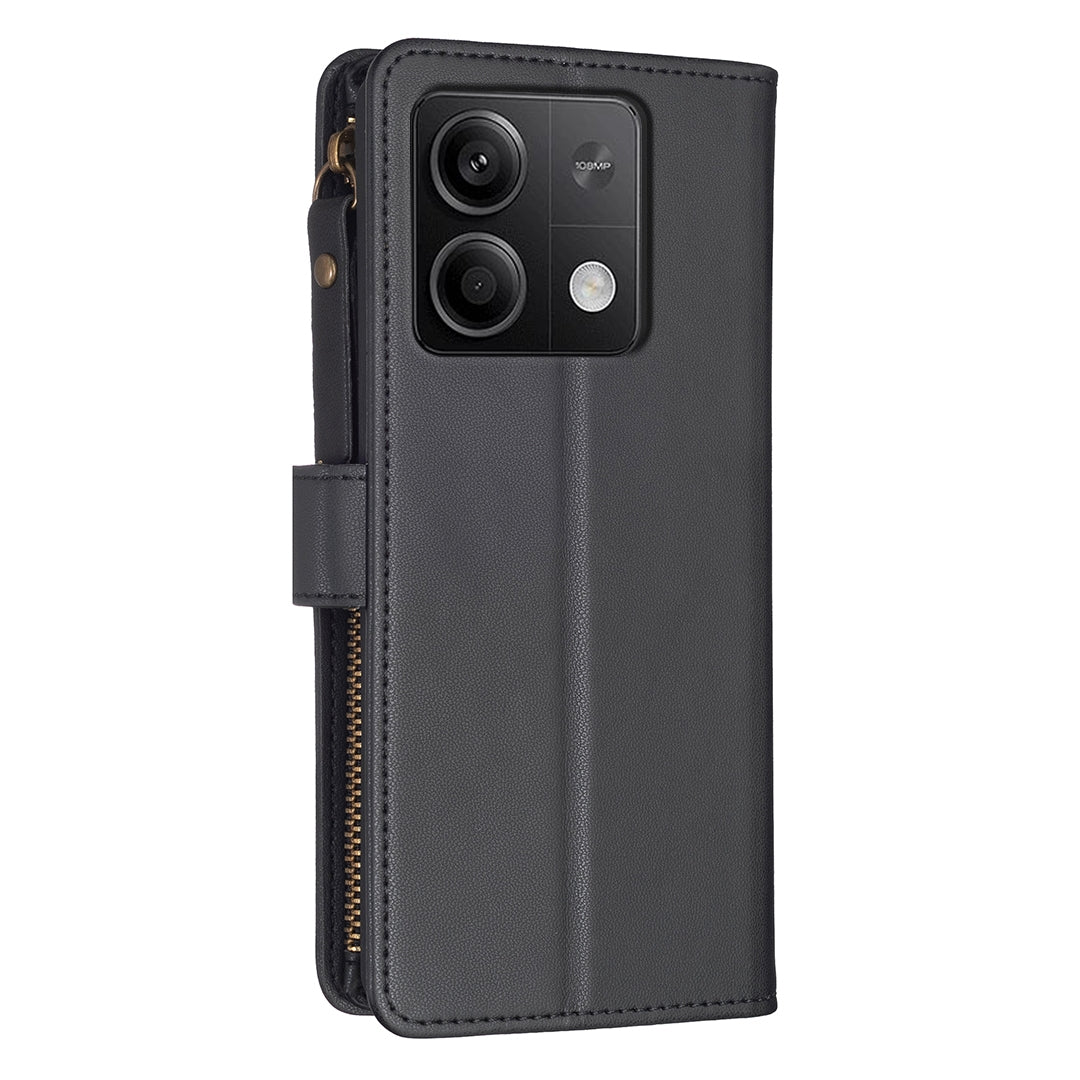 Xiaomi Redmi Note 13 4G Global Leather Flip Wallet Phone Case with 9 Card Slots, Zipper Compartment, and Adjustable Stand