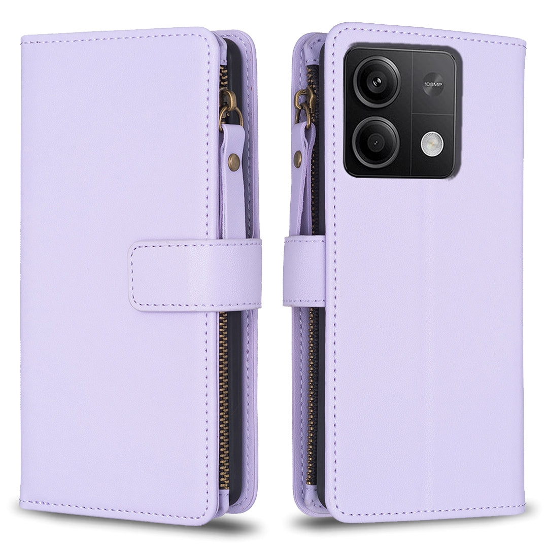 Xiaomi Redmi Note 13 4G Global Leather Flip Wallet Phone Case with 9 Card Slots, Zipper Compartment, and Adjustable Stand