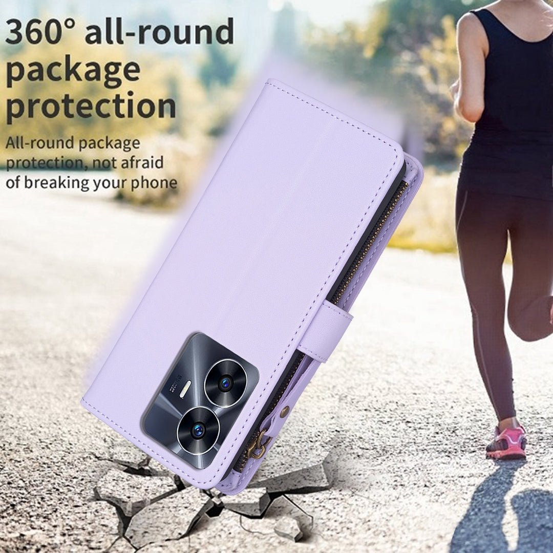 Realme C55 Leather Flip Wallet Phone Case with 9 Card Slots, Zipper Compartment, and Adjustable Stand