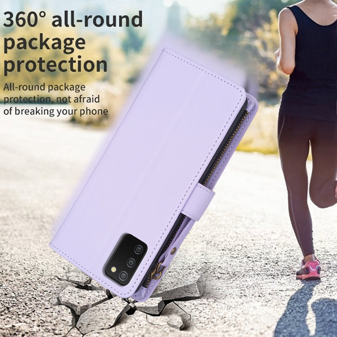 Samsung Galaxy A03s Leather Flip Wallet Phone Case with 9 Card Slots, Zipper Compartment, and Adjustable Stand