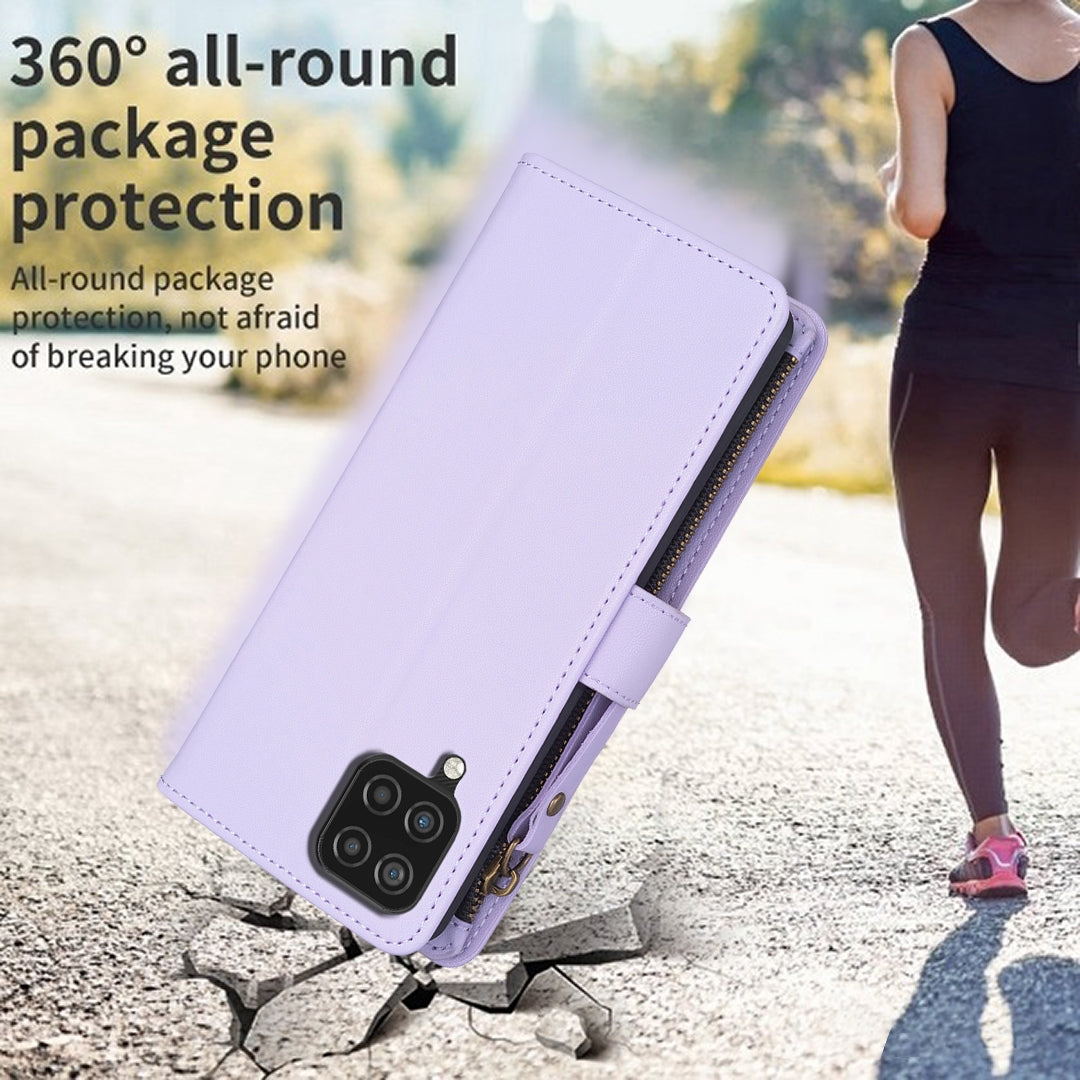 Samsung Galaxy A12 Leather Flip Wallet Phone Case with 9 Card Slots, Zipper Compartment, and Adjustable Stand