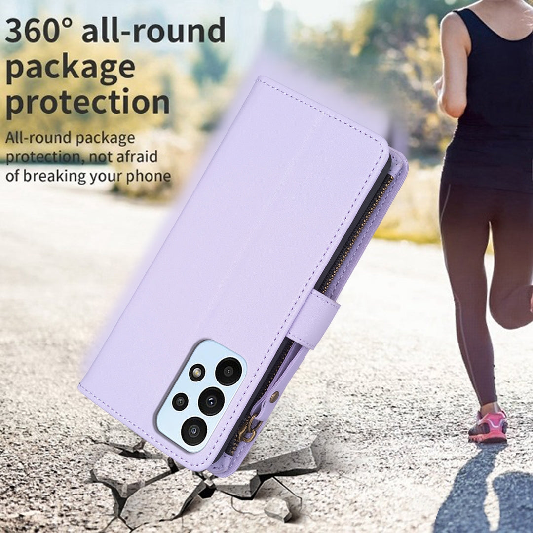 Samsung Galaxy A23 4G Leather Flip Wallet Phone Case with 9 Card Slots, Zipper Compartment, and Adjustable Stand