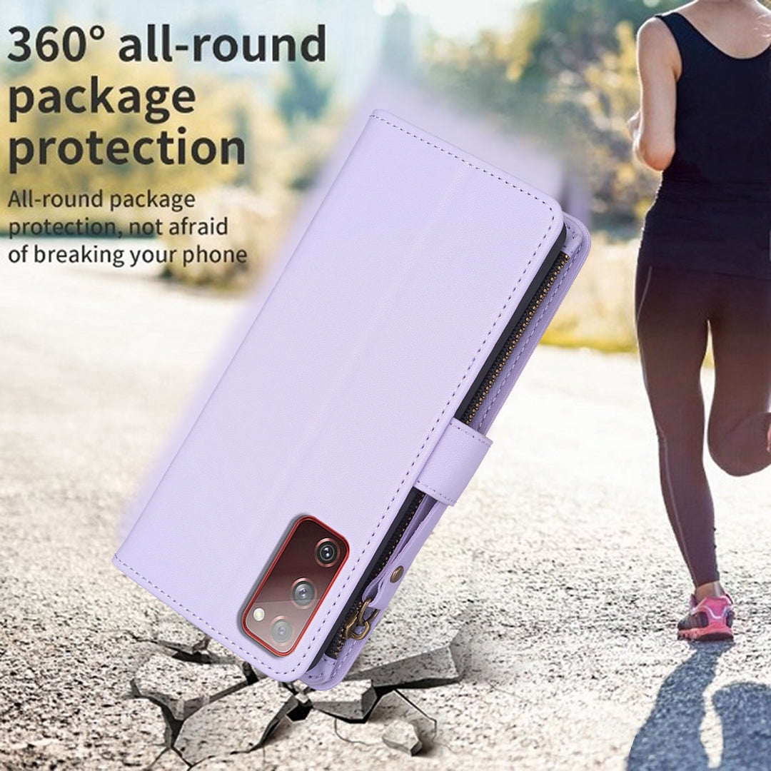 Samsung Galaxy S20 FE Leather Flip Wallet Phone Case with 9 Card Slots, Zipper Compartment, and Adjustable Stand