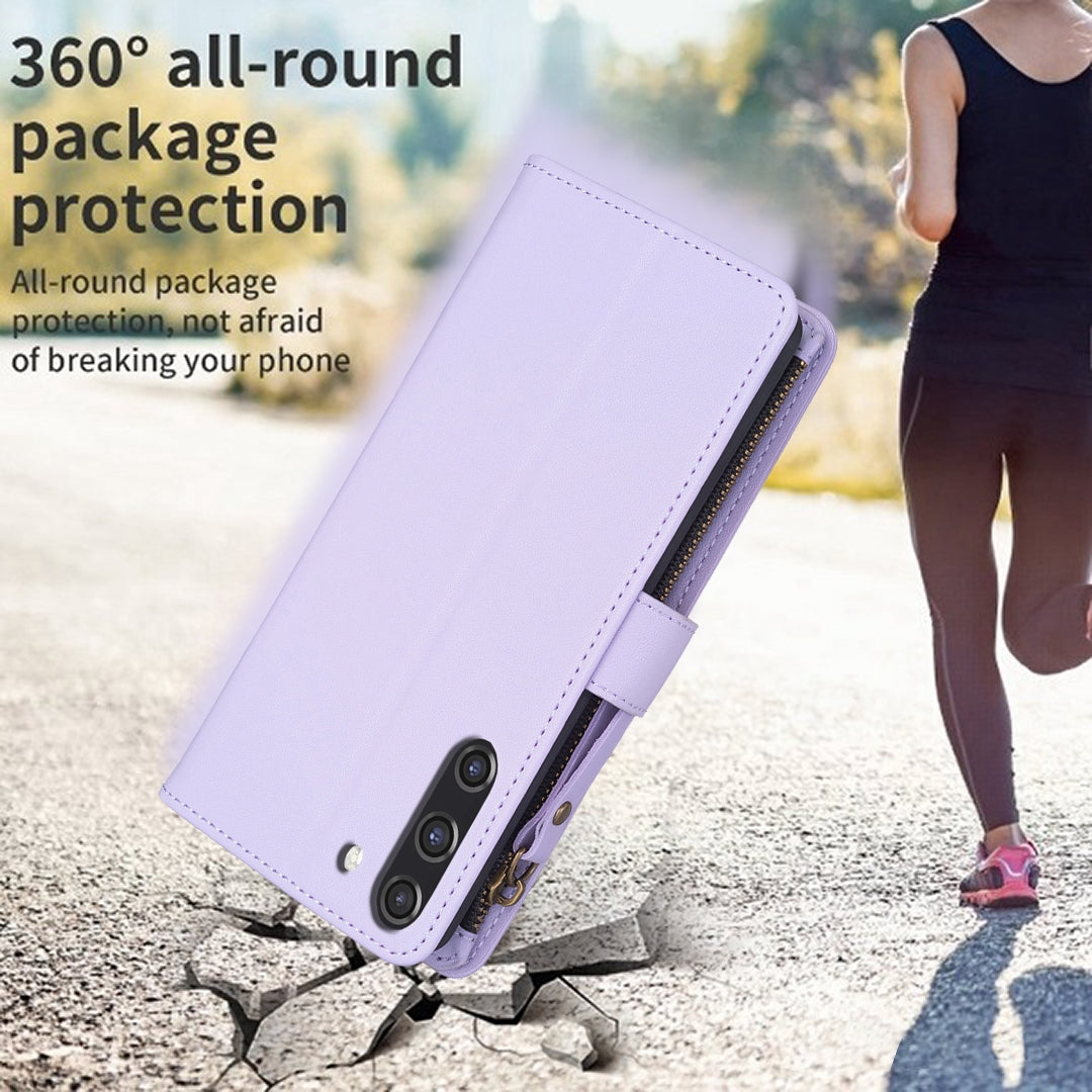 Samsung Galaxy S21 FE 5G Leather Flip Wallet Phone Case with 9 Card Slots, Zipper Compartment, and Adjustable Stand