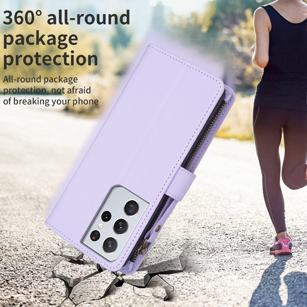 Samsung Galaxy S21 Ultra 5G Leather Flip Wallet Phone Case with 9 Card Slots, Zipper Compartment, and Adjustable Stand