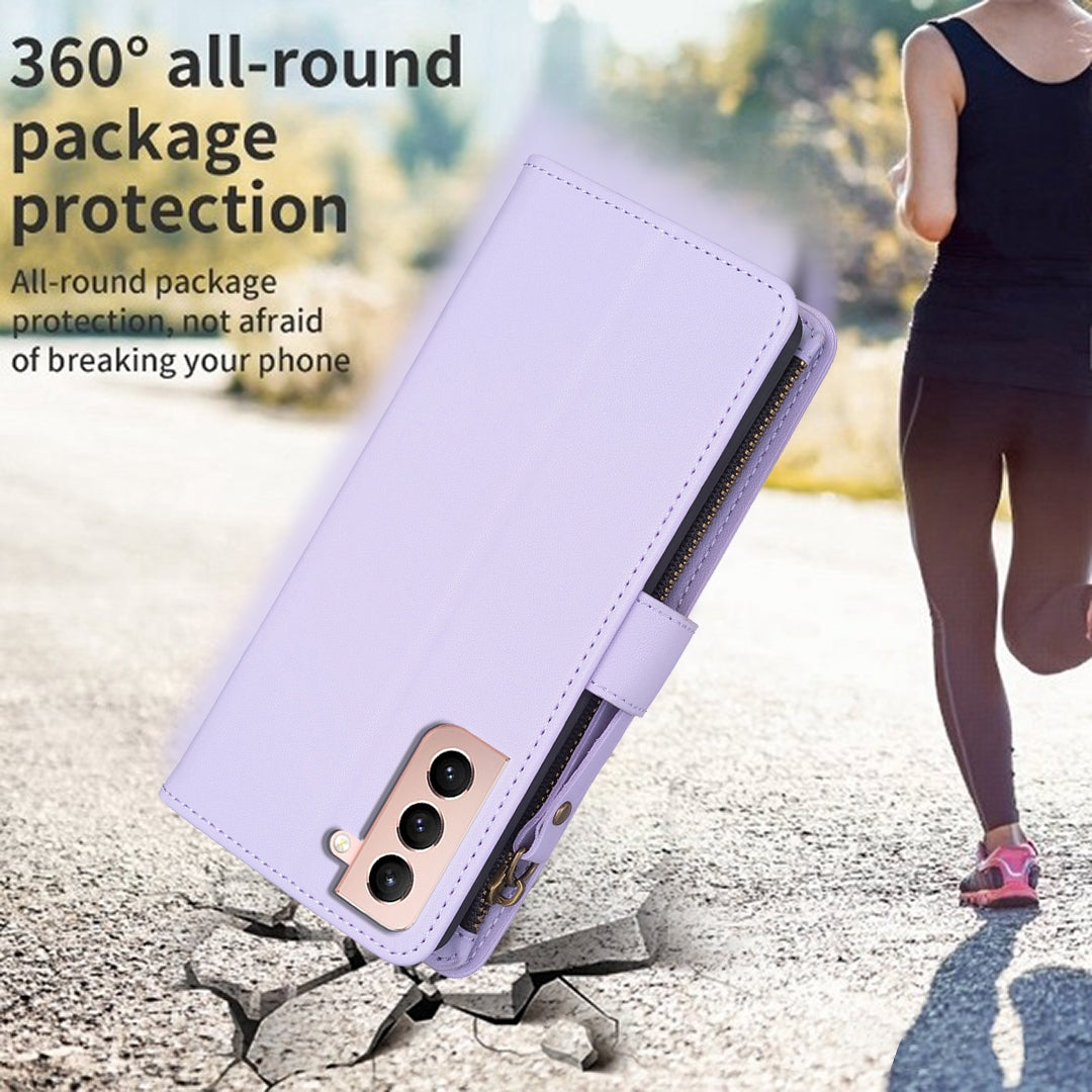 Samsung Galaxy S21 5G Leather Flip Wallet Phone Case with 9 Card Slots, Zipper Compartment, and Adjustable Stand