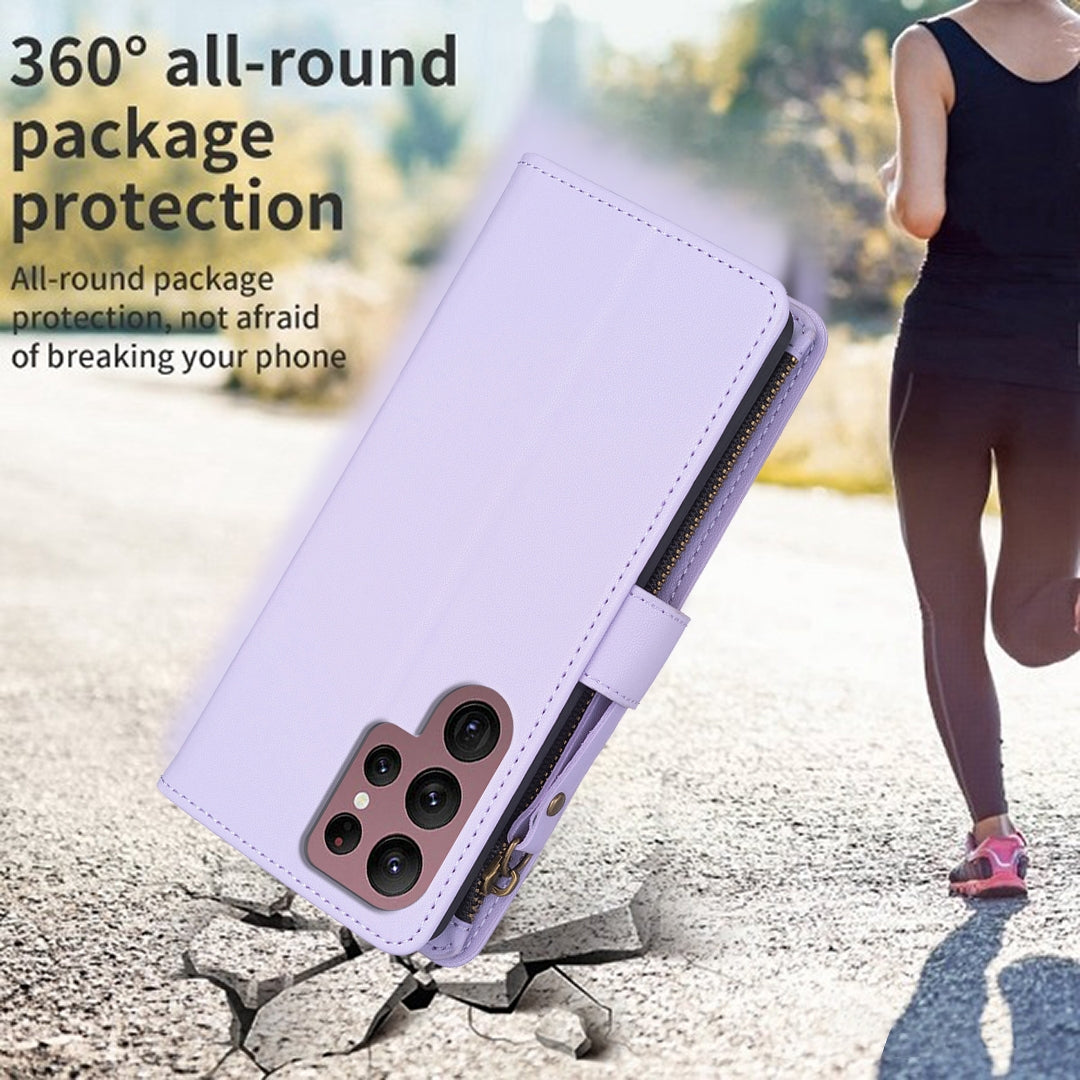 Samsung Galaxy S22 Ultra 5G Leather Flip Wallet Phone Case with 9 Card Slots, Zipper Compartment, and Adjustable Stand