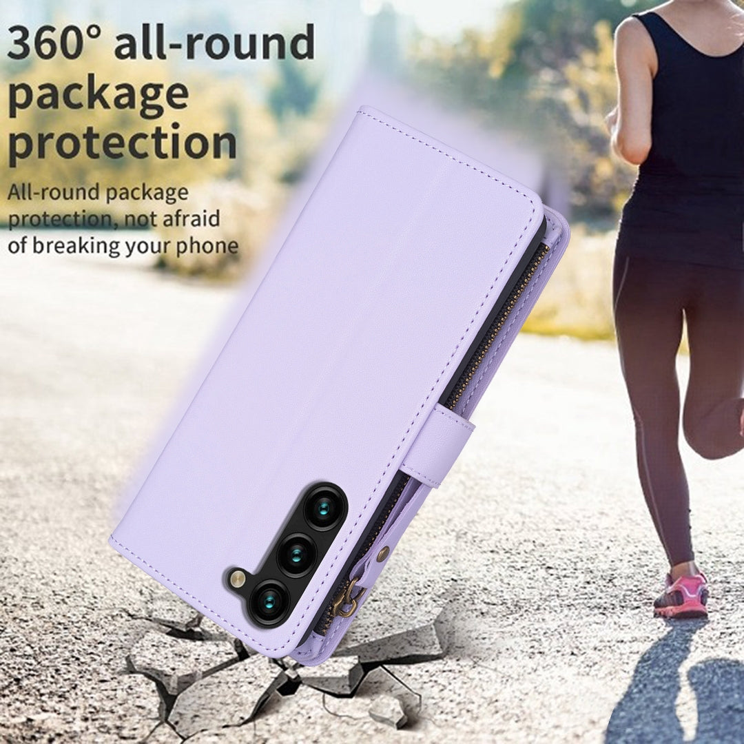 Samsung Galaxy S24+ 5G Leather Flip Wallet Phone Case with 9 Card Slots, Zipper Compartment, and Adjustable Stand