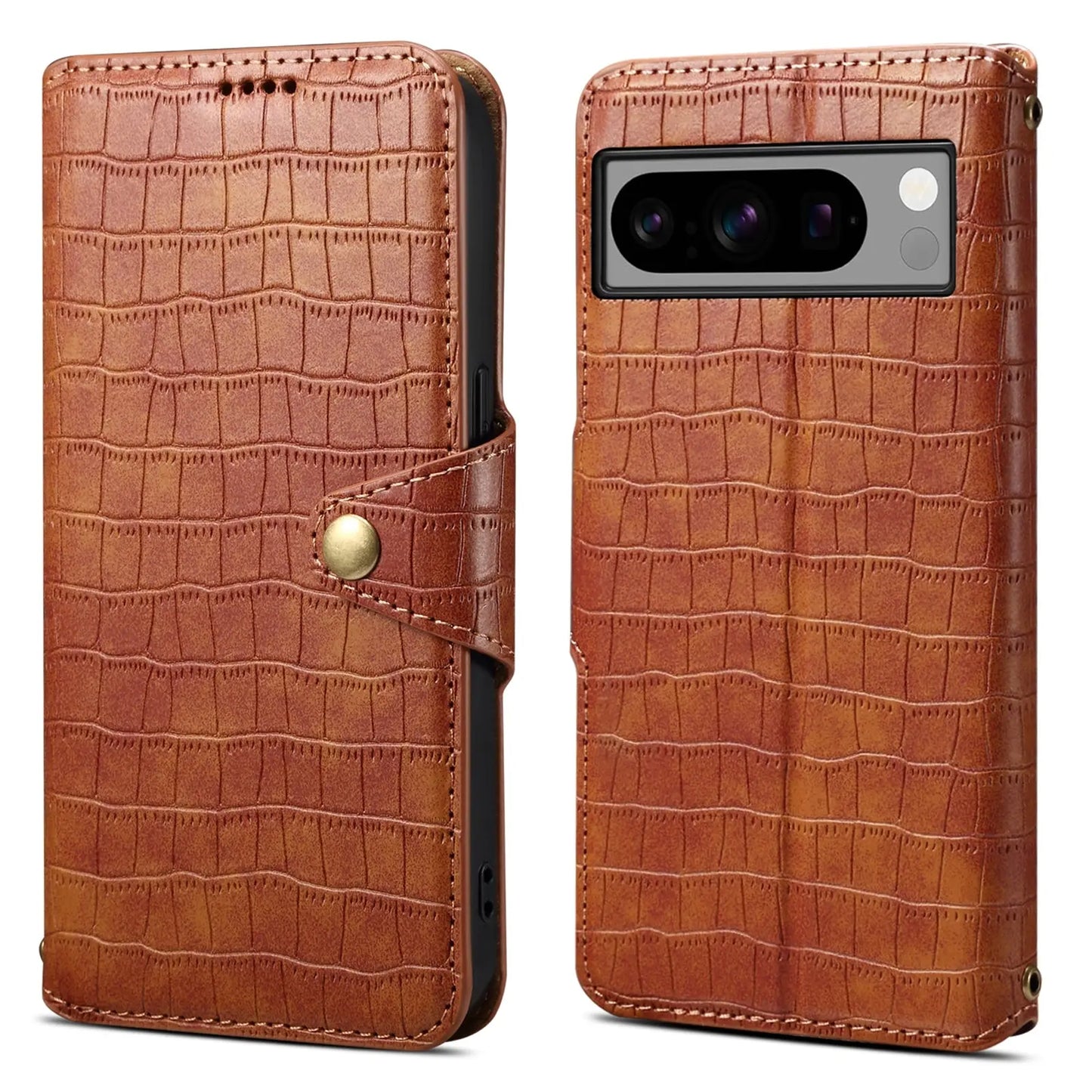 Google Pixel 8 Pro Denior Leather Case - Crocodile Texture with Oil Edge, Wallet & Kickstand Features-buycases.co.uk