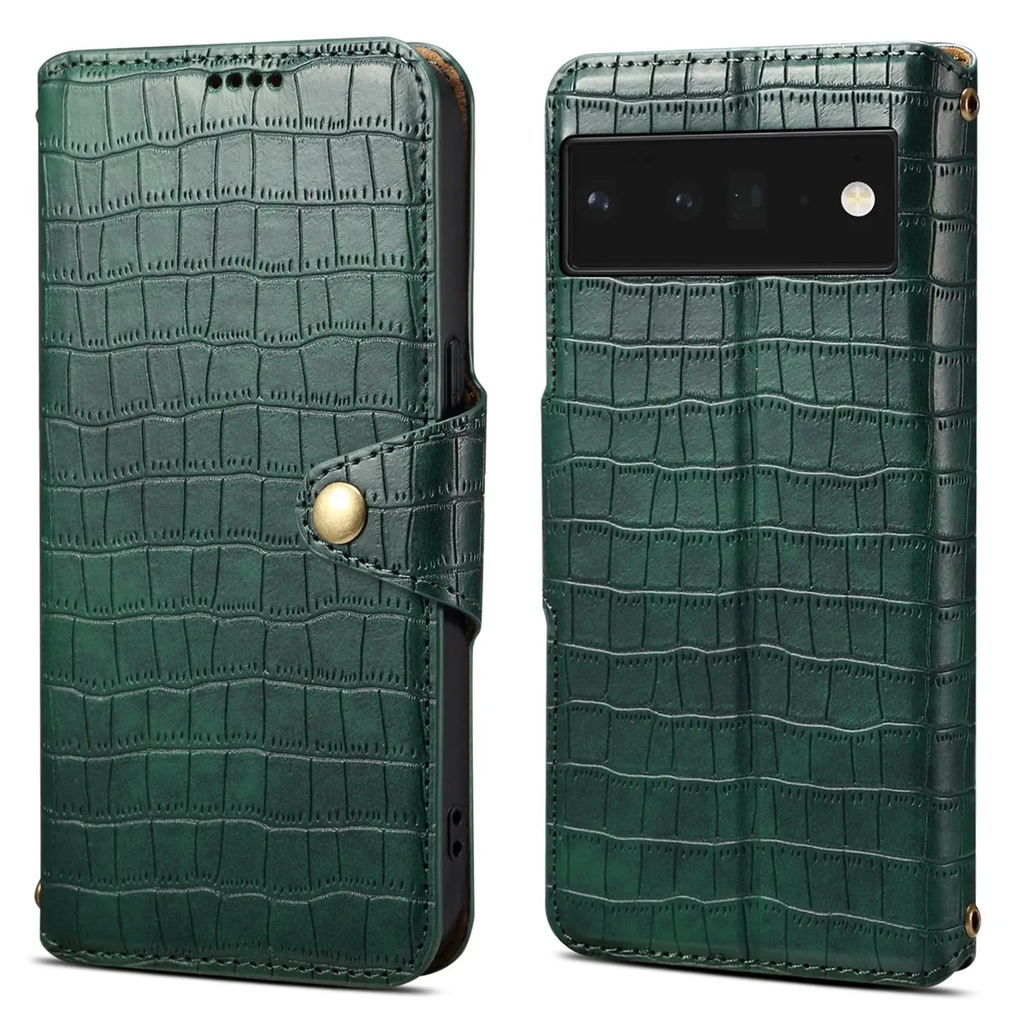 Google Pixel 6 Pro Denior Leather Case - Crocodile Texture with Oil Edge, Wallet & Kickstand Features-buycases.co.uk