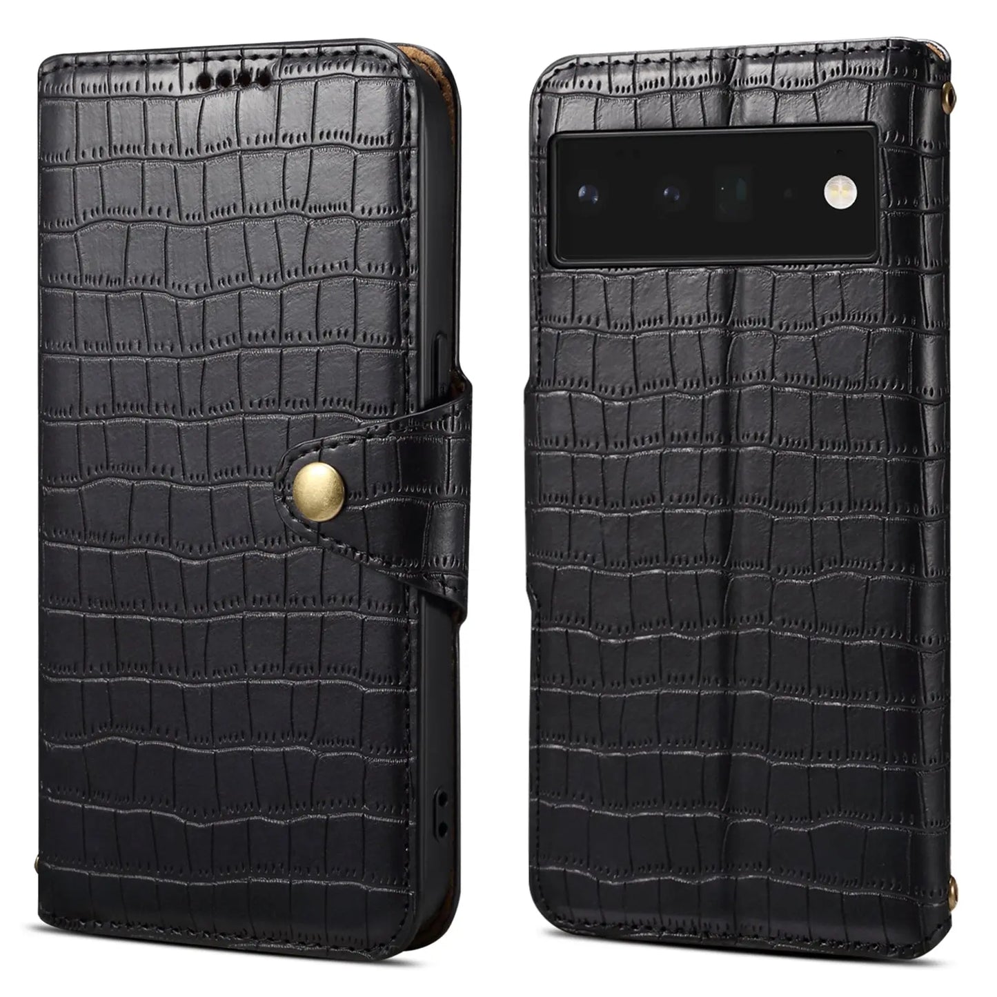Google Pixel 6 Pro Denior Leather Case - Crocodile Texture with Oil Edge, Wallet & Kickstand Features-buycases.co.uk
