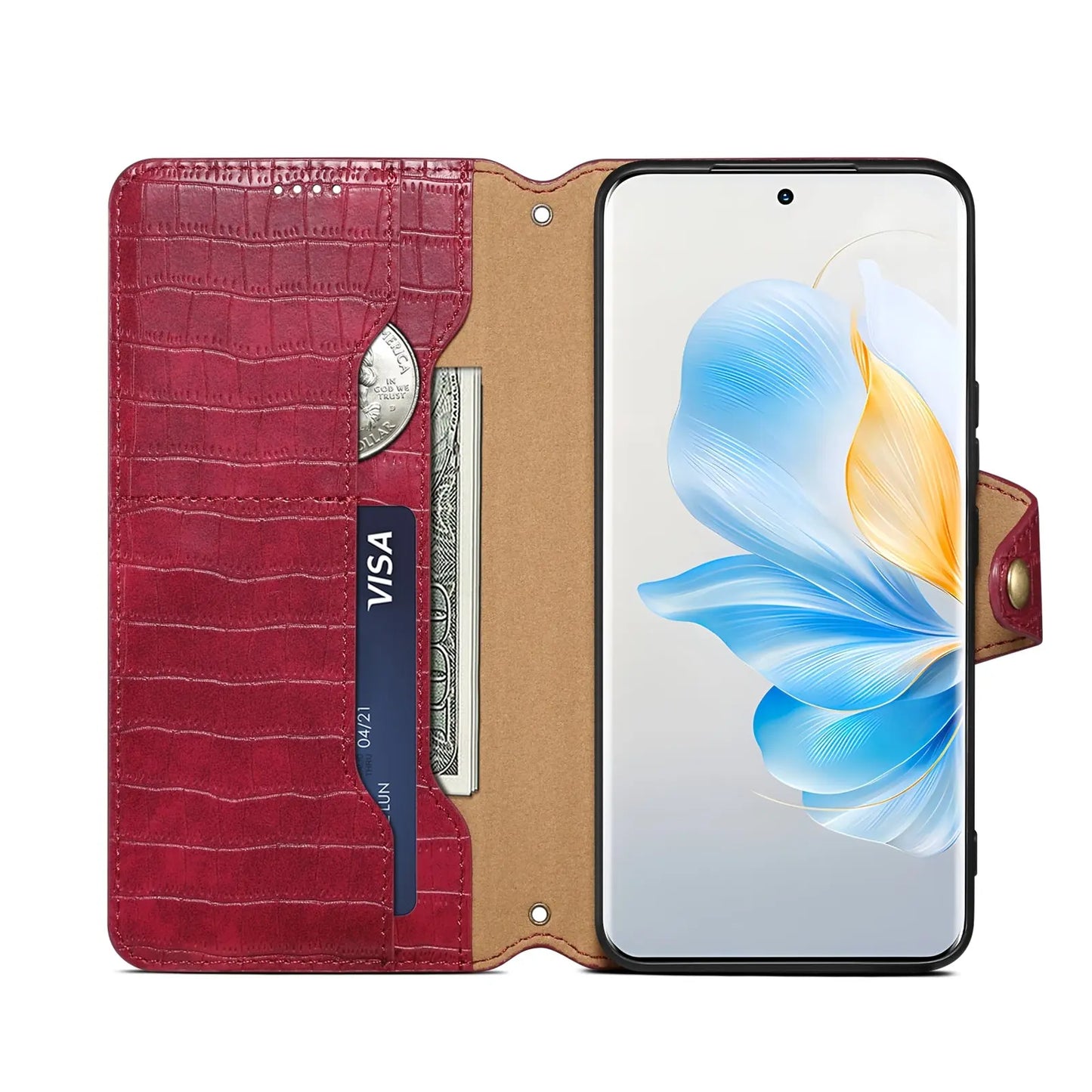 Honor 100 Denior Leather Case - Crocodile Texture with Oil Edge, Wallet & Kickstand Features-buycases.co.uk