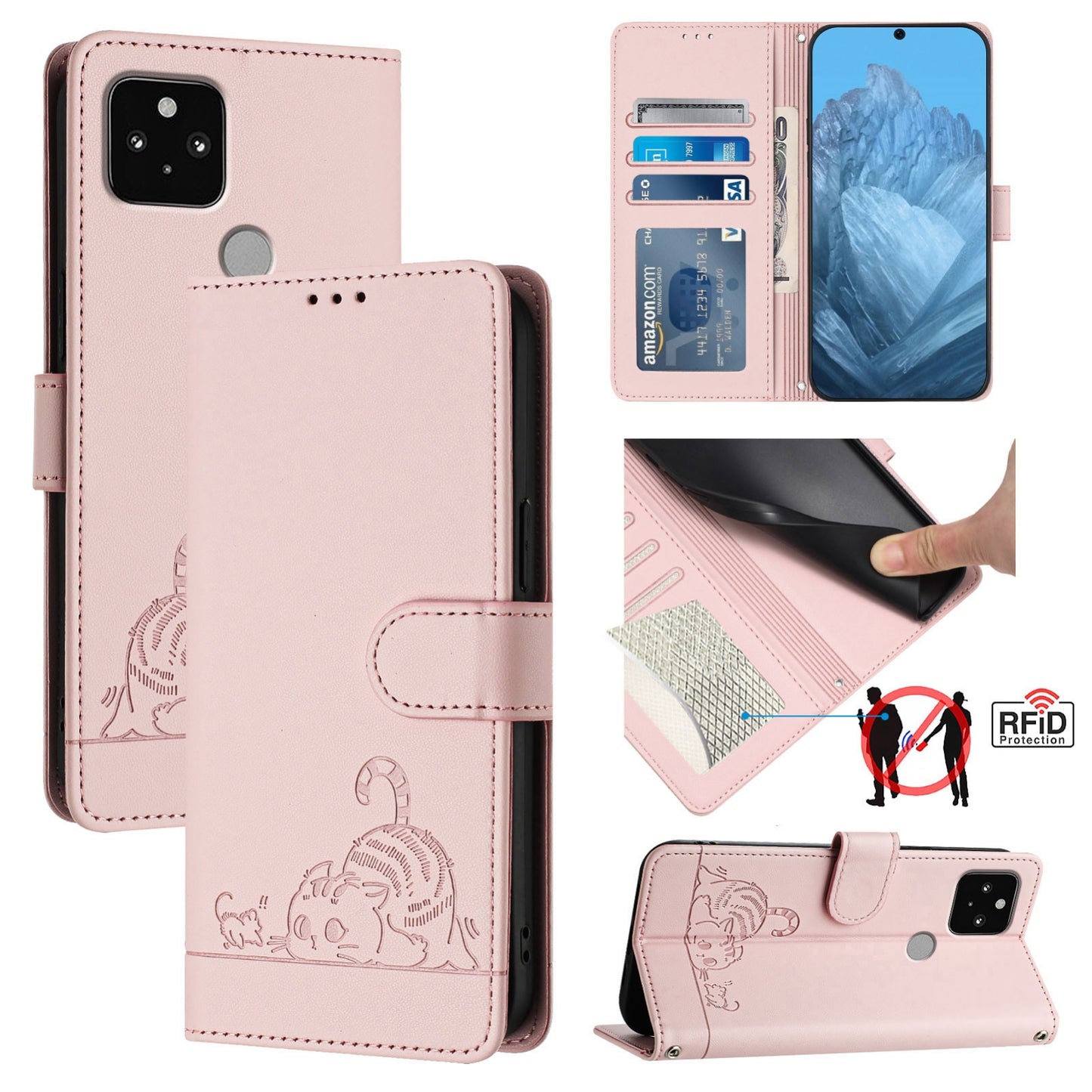 Google Pixel 5 Cat and Mouse Embossed PU Leather RFID Case with Wallet Slots, Anti-Fall Protection, Kickstand, and Lanyard-buycases.co.uk