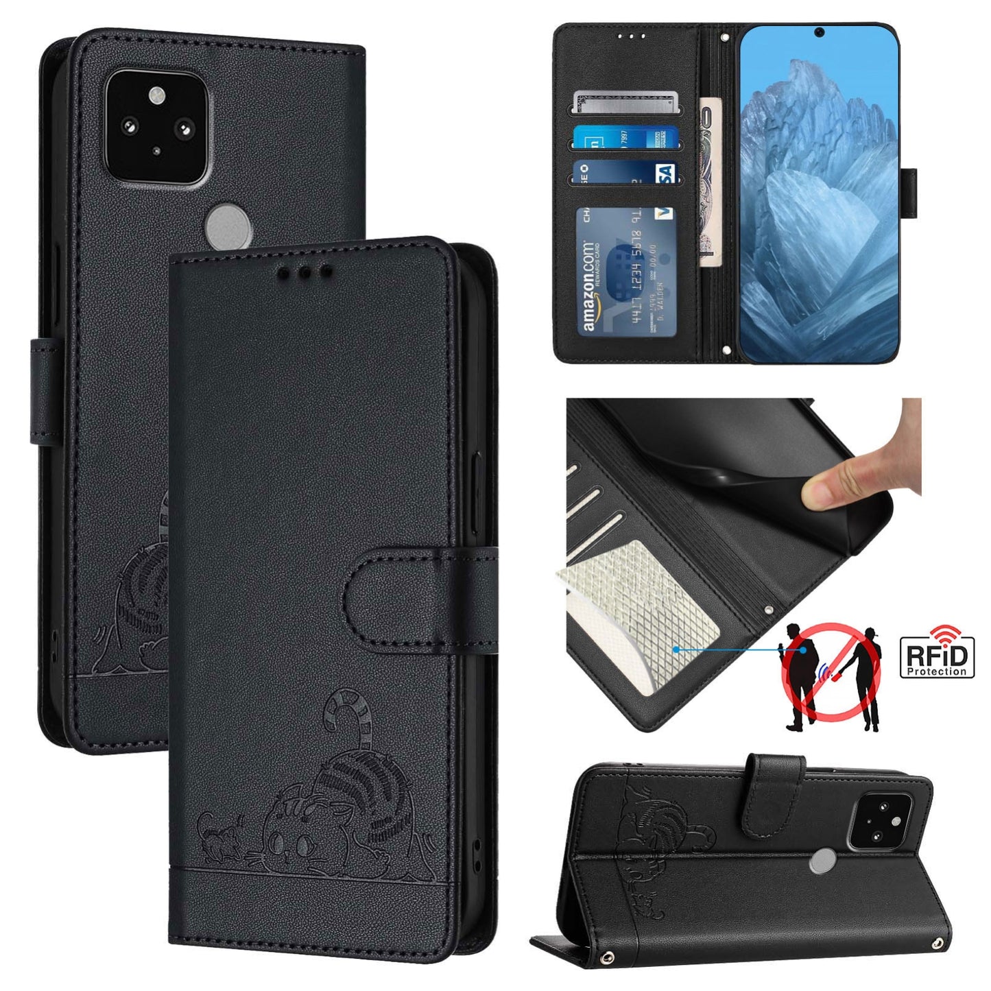 Google Pixel 5 Cat and Mouse Embossed PU Leather RFID Case with Wallet Slots, Anti-Fall Protection, Kickstand, and Lanyard-buycases.co.uk