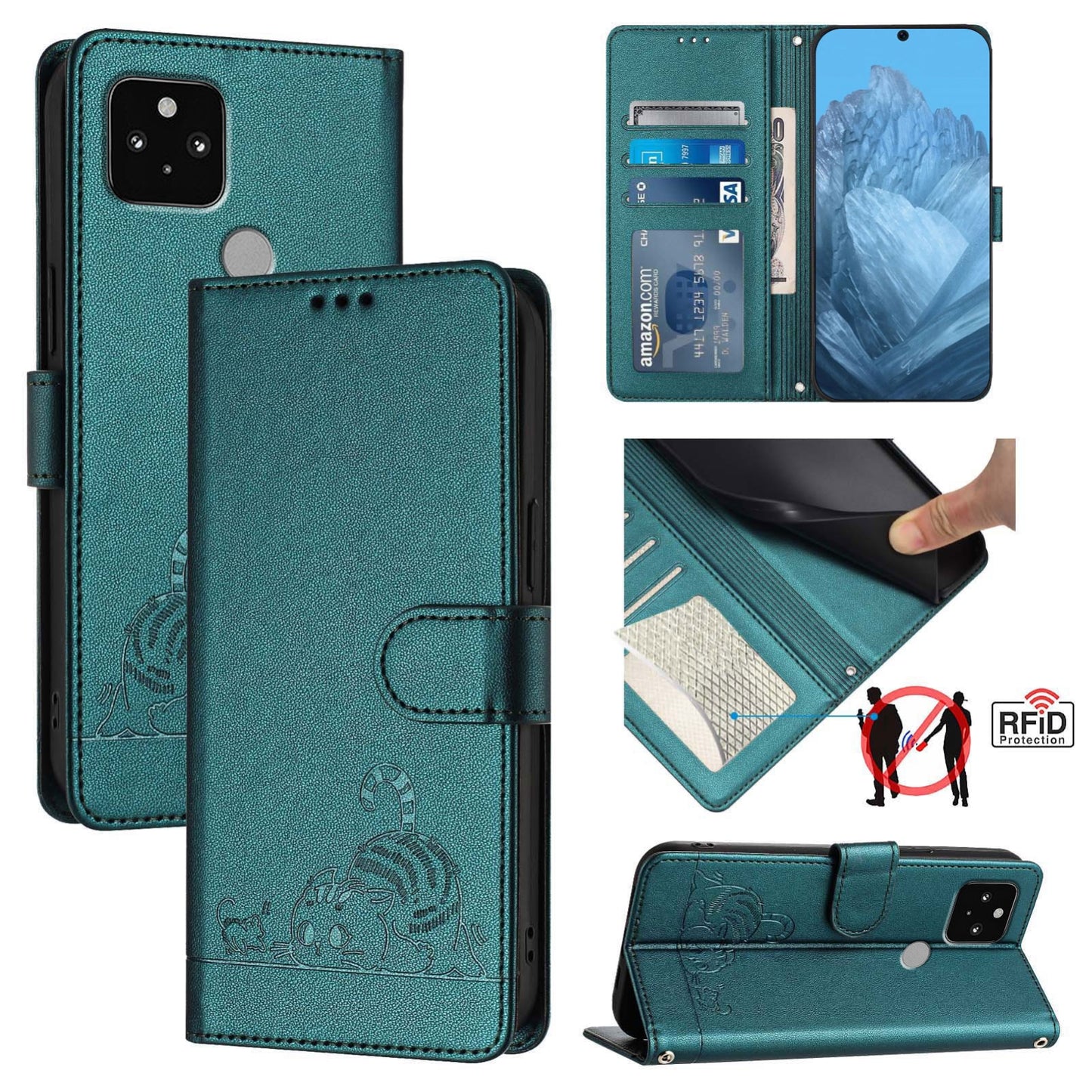 Google Pixel 5 Cat and Mouse Embossed PU Leather RFID Case with Wallet Slots, Anti-Fall Protection, Kickstand, and Lanyard-buycases.co.uk