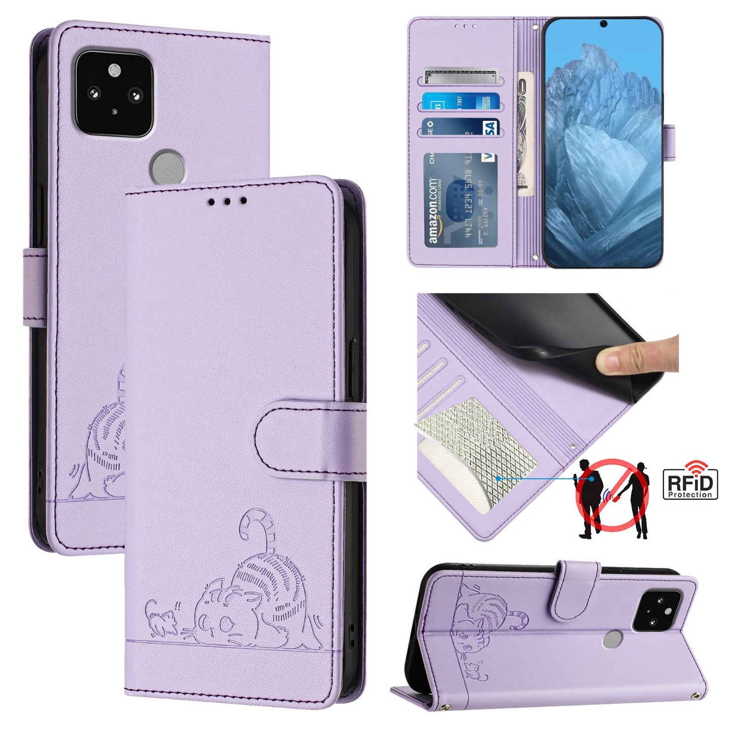 Google Pixel 5 Cat and Mouse Embossed PU Leather RFID Case with Wallet Slots, Anti-Fall Protection, Kickstand, and Lanyard-buycases.co.uk