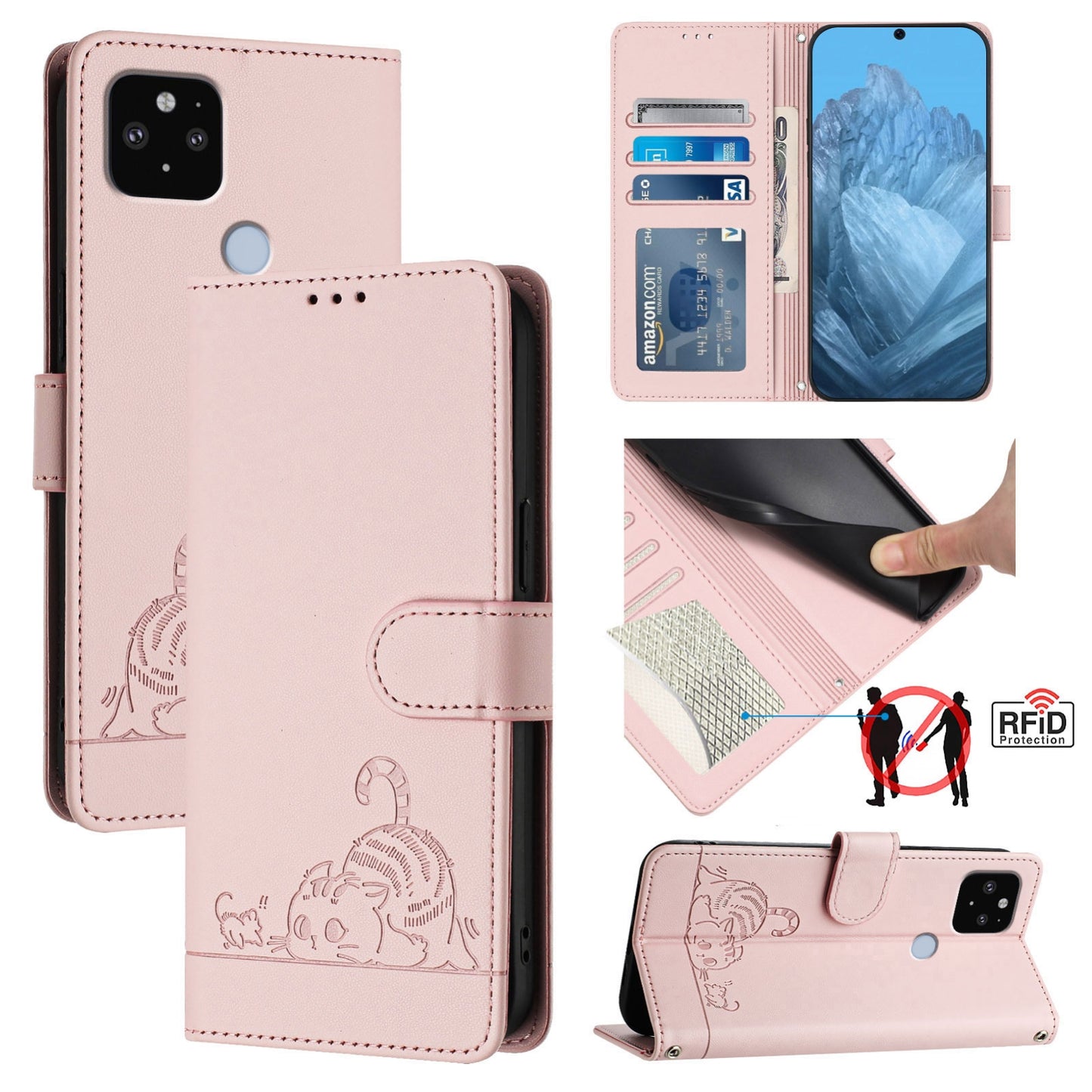 Google Pixel 5 XL Cat and Mouse Embossed PU Leather RFID Case with Wallet Slots, Anti-Fall Protection, Kickstand, and Lanyard-buycases.co.uk