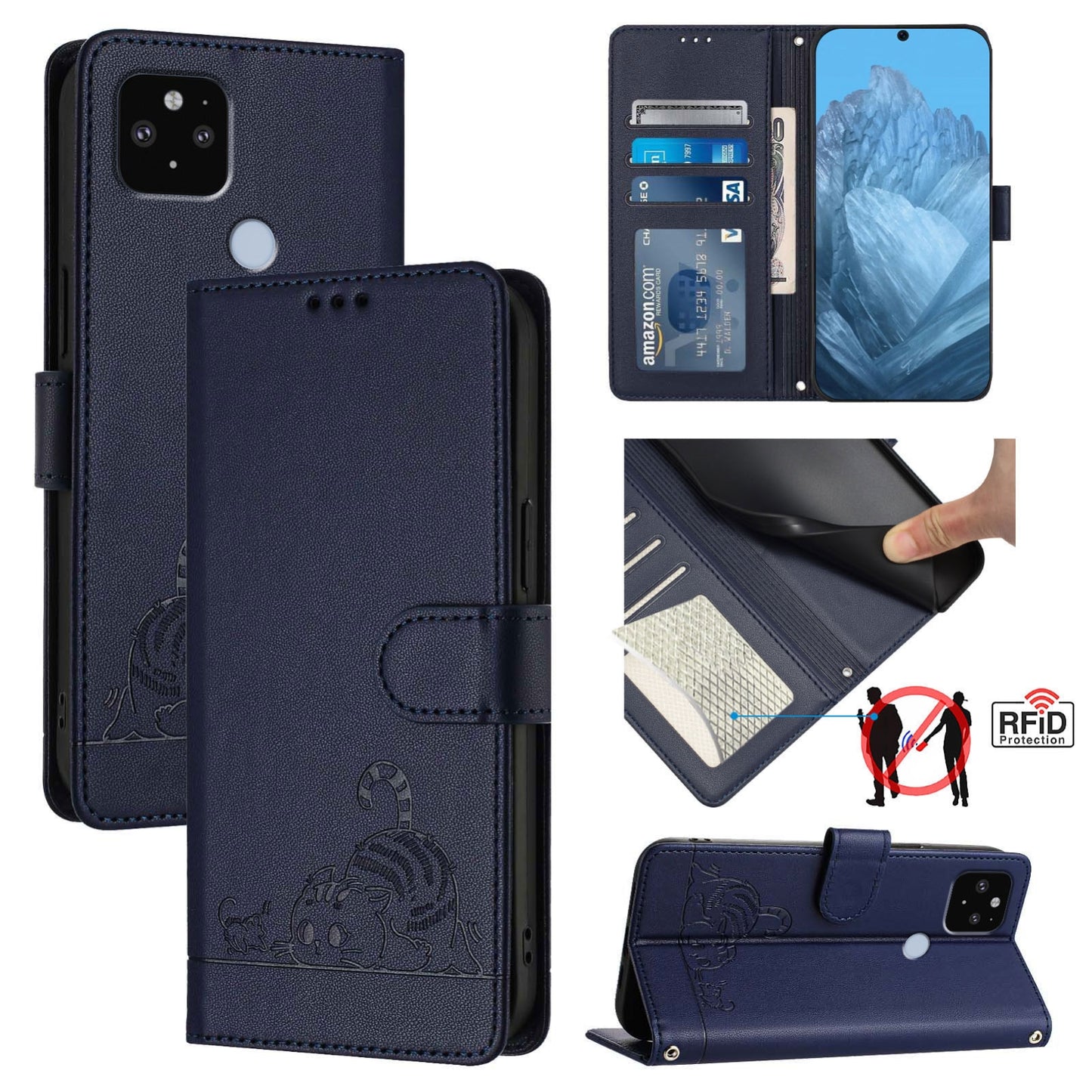 Google Pixel 5 XL Cat and Mouse Embossed PU Leather RFID Case with Wallet Slots, Anti-Fall Protection, Kickstand, and Lanyard-buycases.co.uk