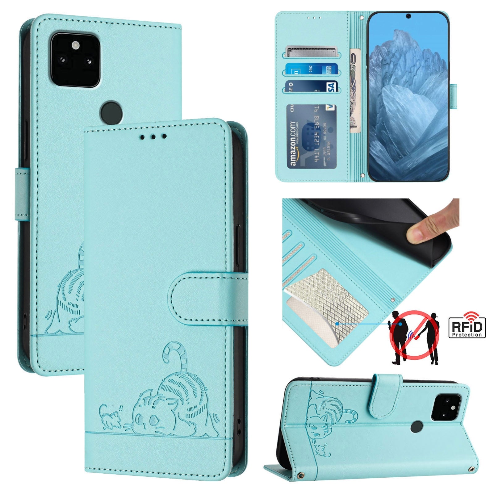 Google Pixel 5A 5G Cat and Mouse Embossed PU Leather RFID Case with Wallet Slots, Anti-Fall Protection, Kickstand, and Lanyard-buycases.co.uk