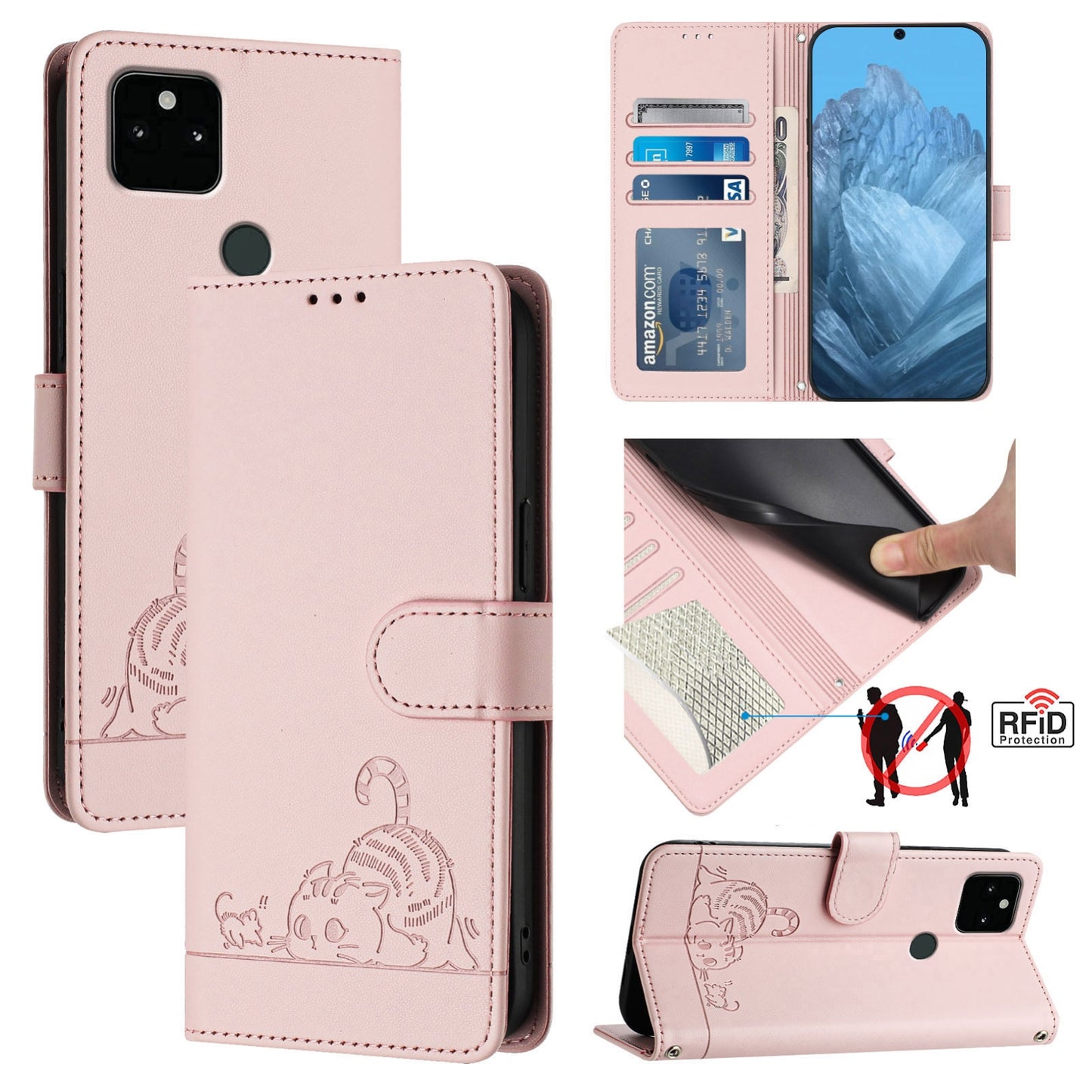 Google Pixel 5A 5G Cat and Mouse Embossed PU Leather RFID Case with Wallet Slots, Anti-Fall Protection, Kickstand, and Lanyard-buycases.co.uk