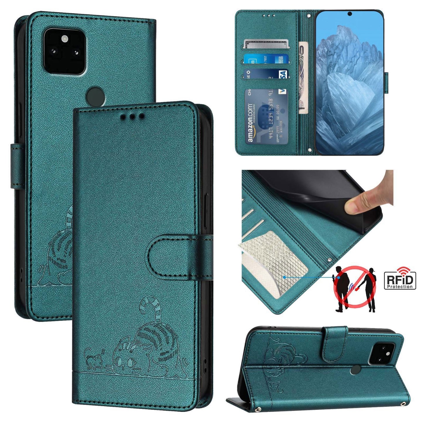 Google Pixel 5A 5G Cat and Mouse Embossed PU Leather RFID Case with Wallet Slots, Anti-Fall Protection, Kickstand, and Lanyard-buycases.co.uk