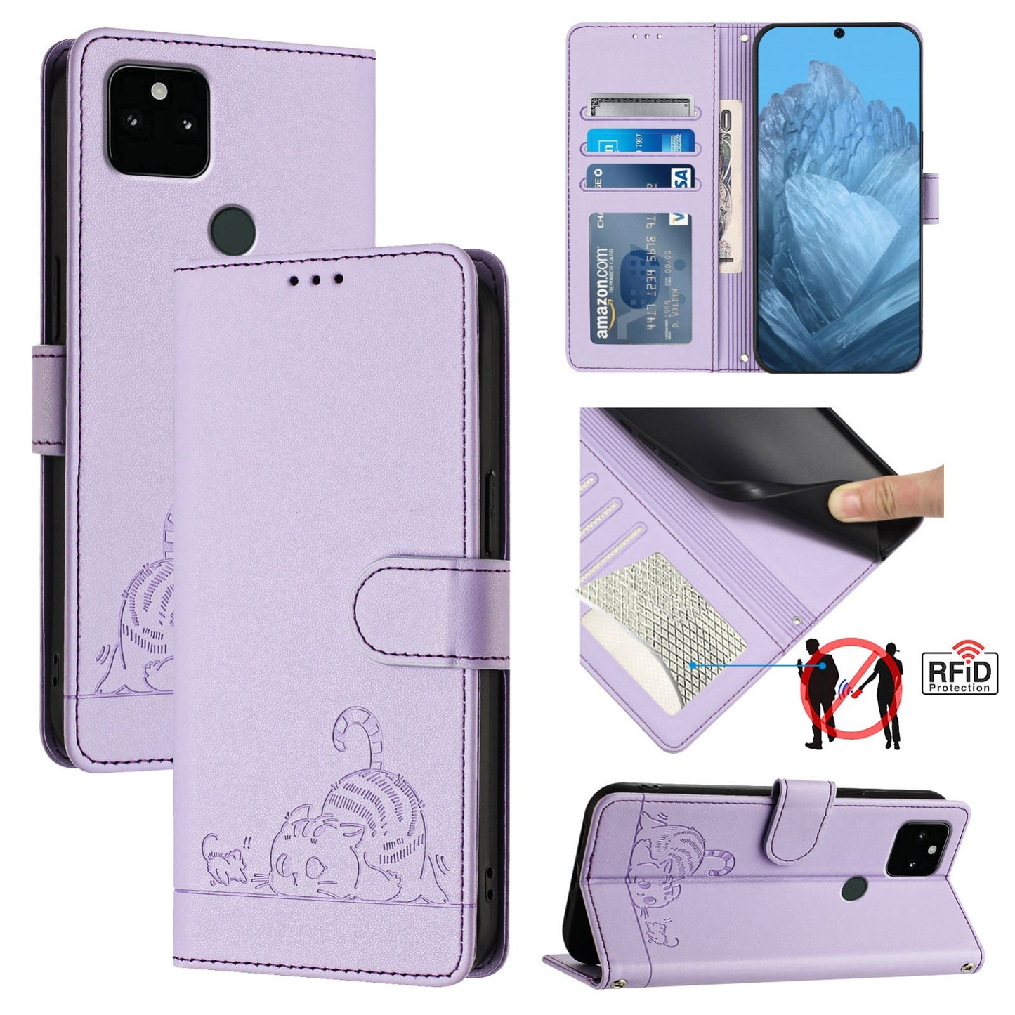 Google Pixel 5A 5G Cat and Mouse Embossed PU Leather RFID Case with Wallet Slots, Anti-Fall Protection, Kickstand, and Lanyard-buycases.co.uk