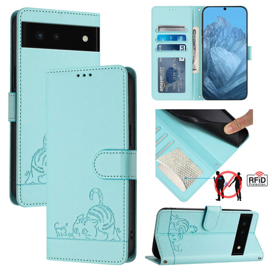 Google Pixel 6 Cat and Mouse Embossed PU Leather RFID Case with Wallet Slots, Anti-Fall Protection, Kickstand, and Lanyard-buycases.co.uk