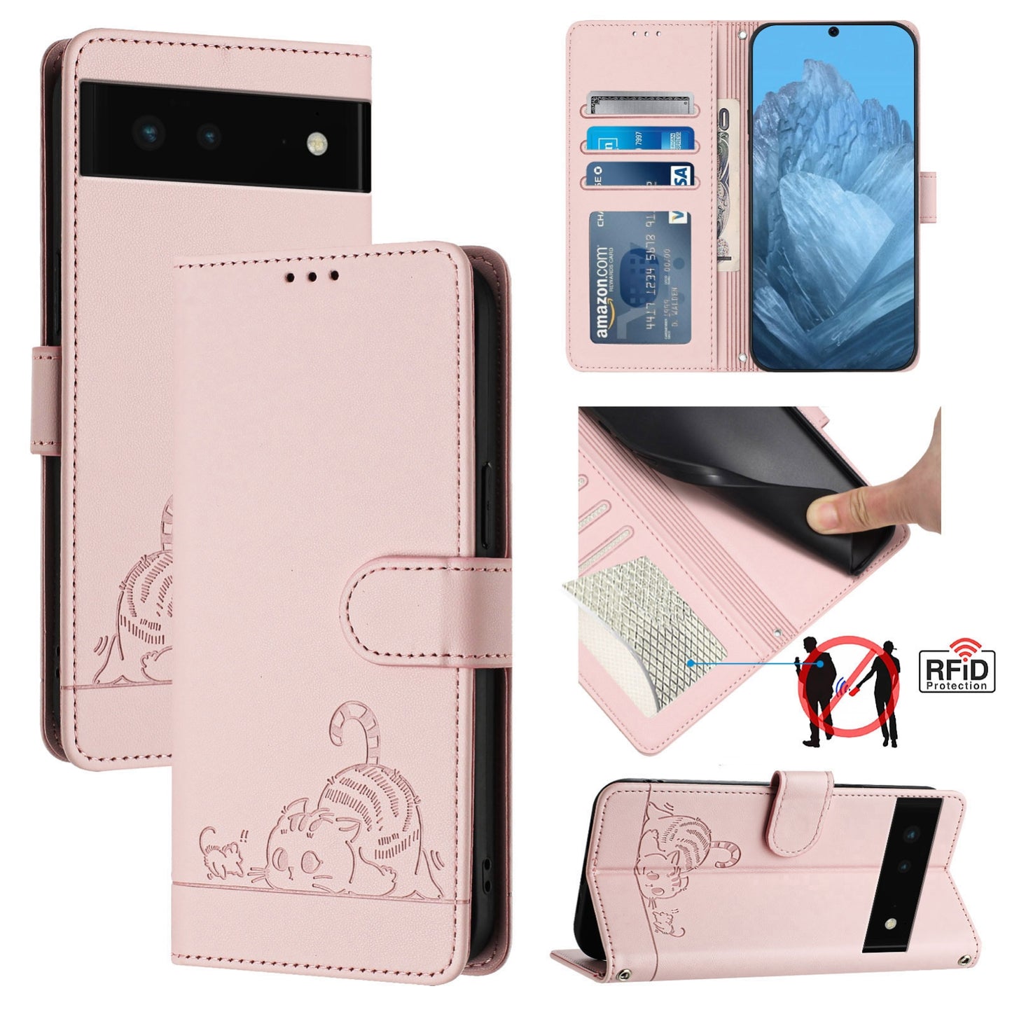Google Pixel 6 Cat and Mouse Embossed PU Leather RFID Case with Wallet Slots, Anti-Fall Protection, Kickstand, and Lanyard-buycases.co.uk