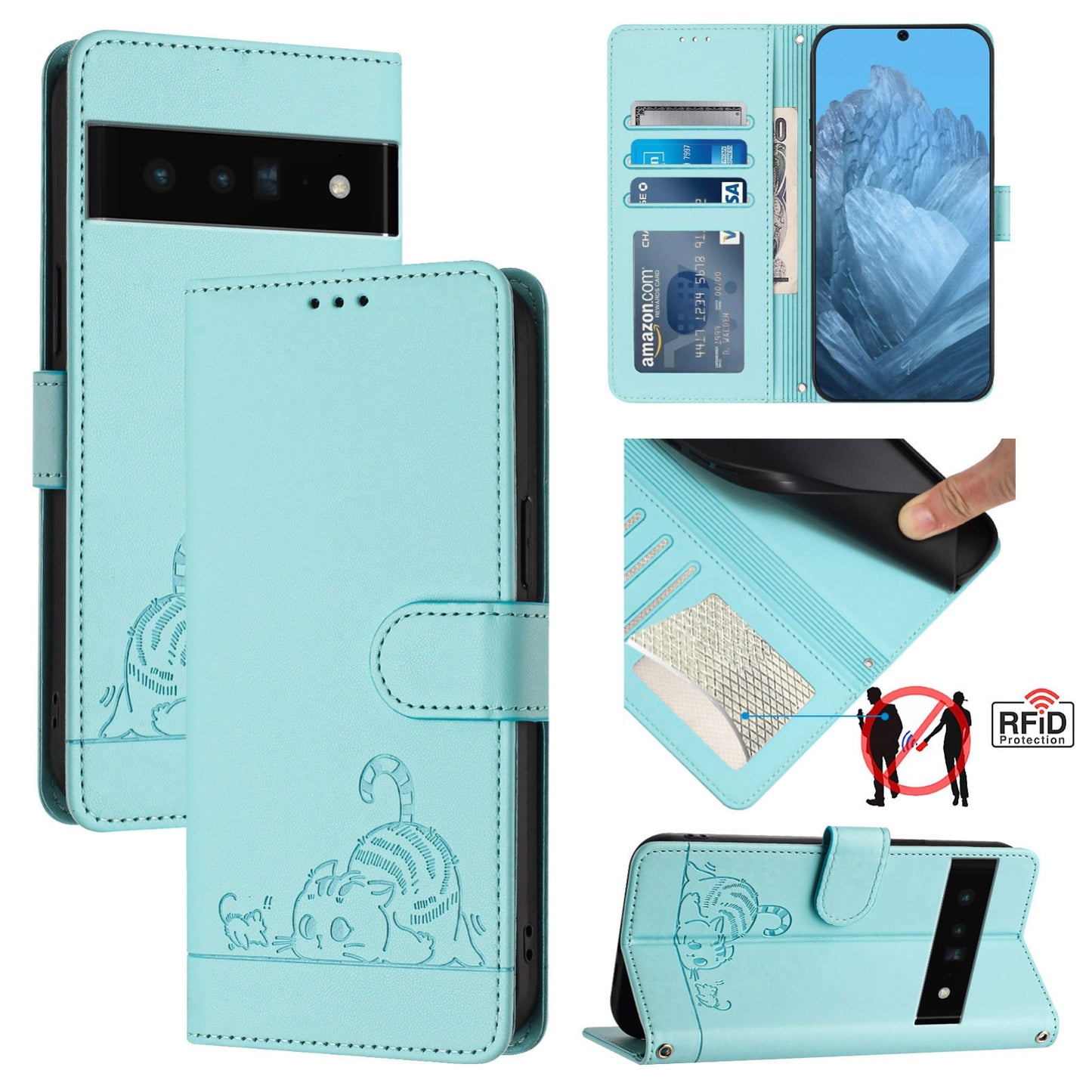 Google Pixel 6 Pro Cat and Mouse Embossed PU Leather RFID Case with Wallet Slots, Anti-Fall Protection, Kickstand, and Lanyard-buycases.co.uk