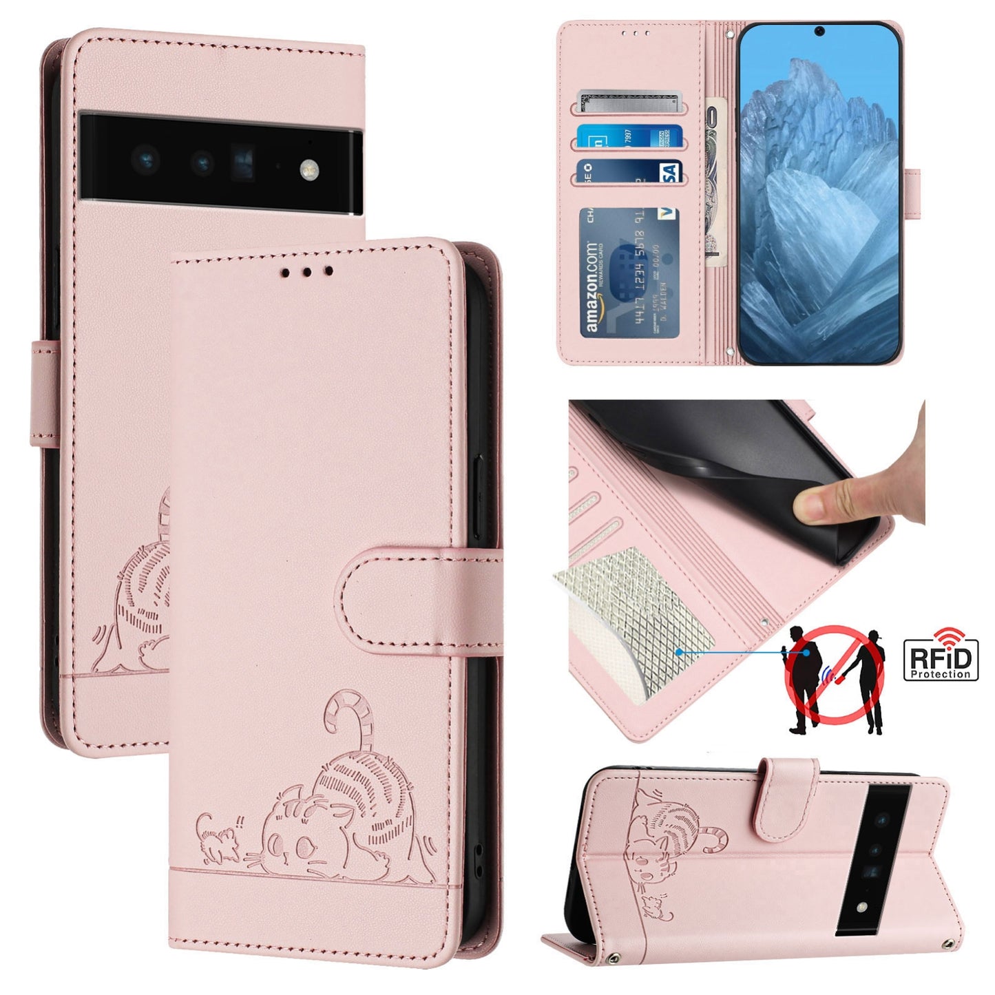 Google Pixel 6 Pro Cat and Mouse Embossed PU Leather RFID Case with Wallet Slots, Anti-Fall Protection, Kickstand, and Lanyard-buycases.co.uk