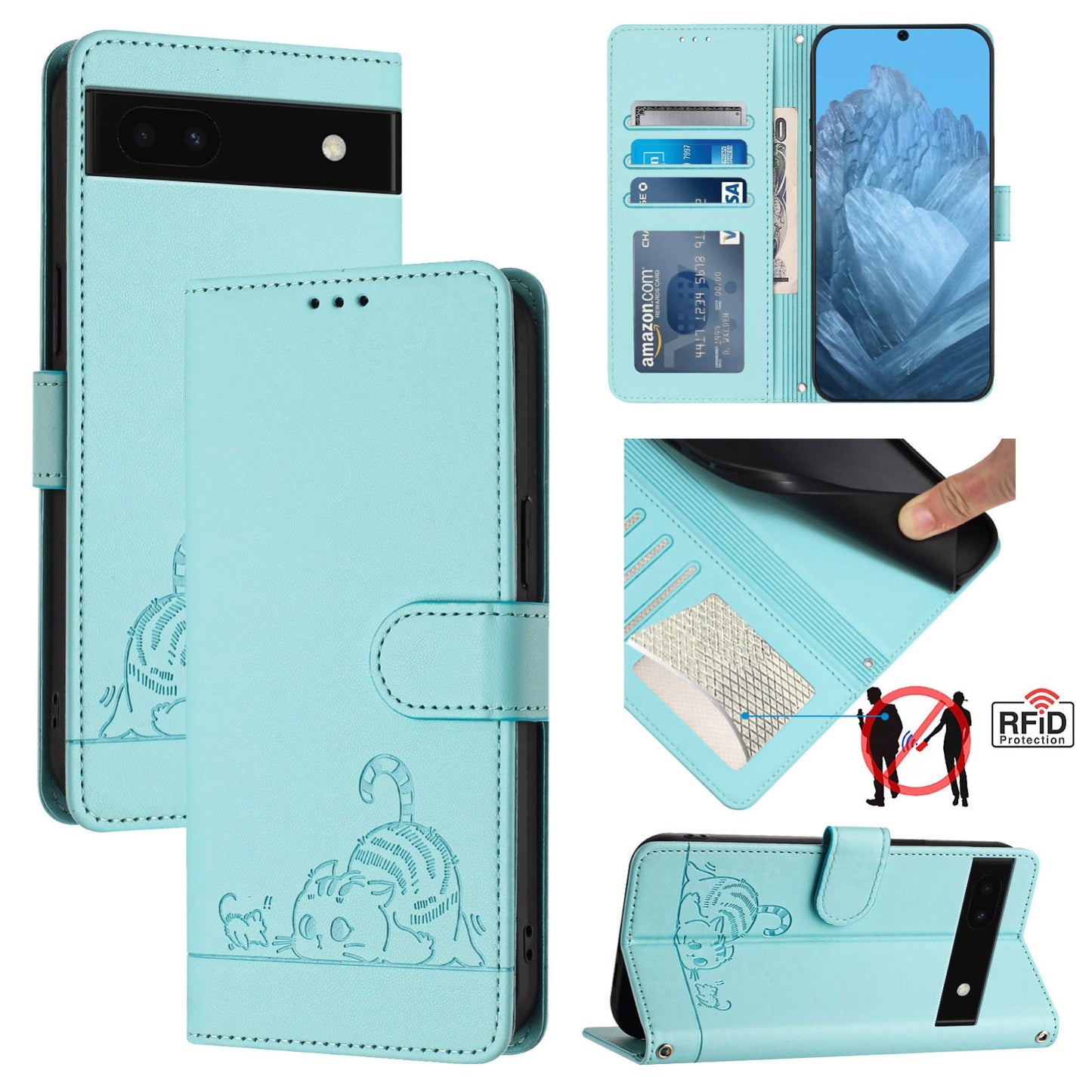 Google Pixel 6A Cat and Mouse Embossed PU Leather RFID Case with Wallet Slots, Anti-Fall Protection, Kickstand, and Lanyard-buycases.co.uk