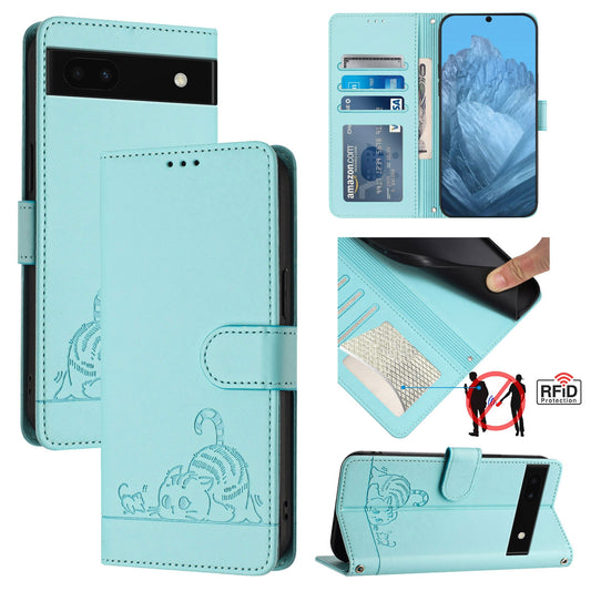 Google Pixel 6A Cat and Mouse Embossed PU Leather RFID Case with Wallet Slots, Anti-Fall Protection, Kickstand, and Lanyard-buycases.co.uk