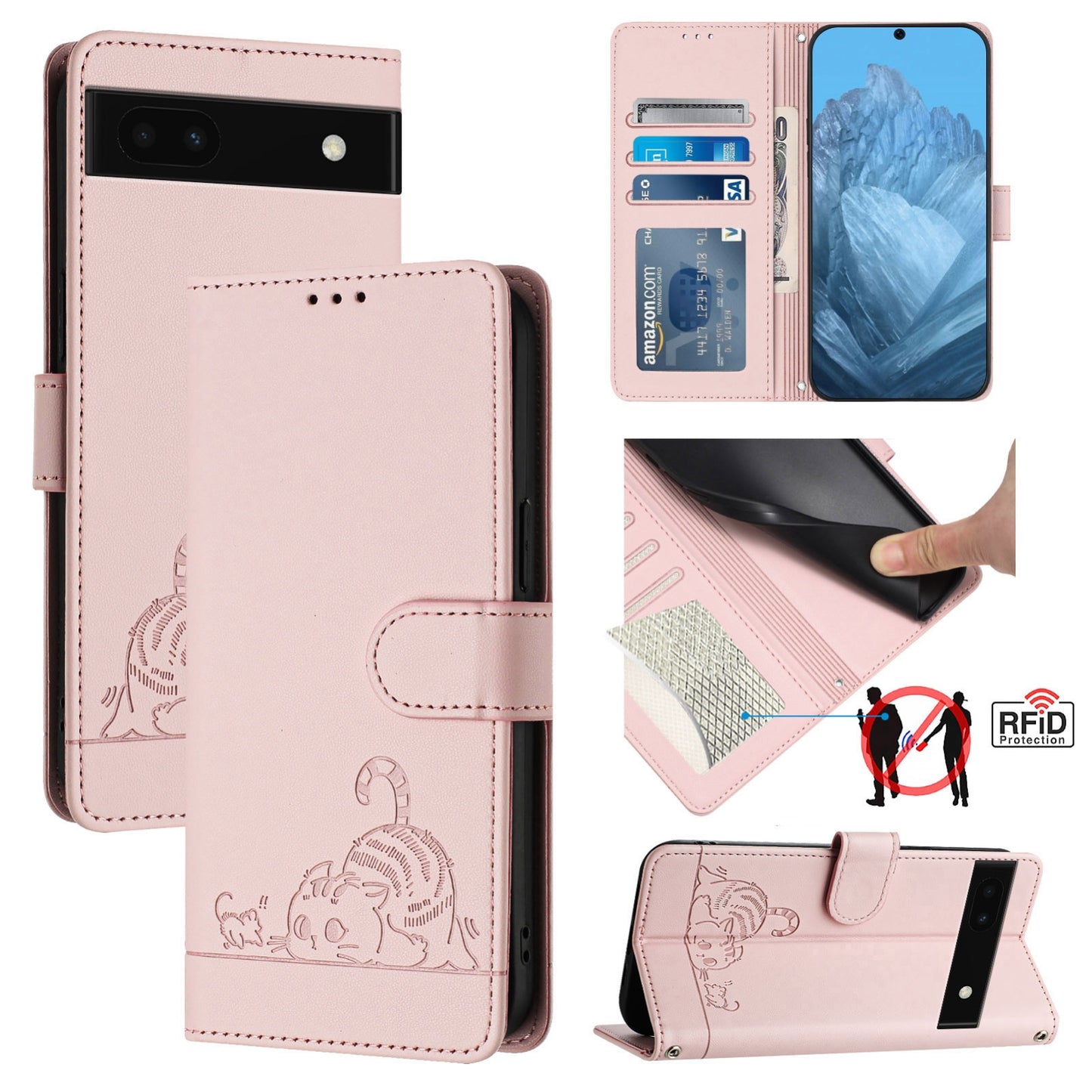Google Pixel 6A Cat and Mouse Embossed PU Leather RFID Case with Wallet Slots, Anti-Fall Protection, Kickstand, and Lanyard-buycases.co.uk
