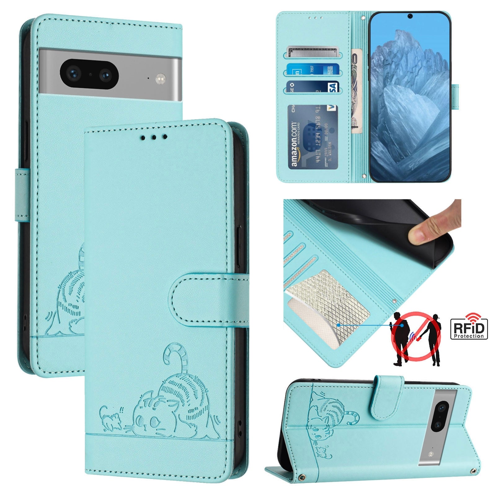 Google Pixel 7 5G Cat and Mouse Embossed PU Leather RFID Case with Wallet Slots, Anti-Fall Protection, Kickstand, and Lanyard-buycases.co.uk