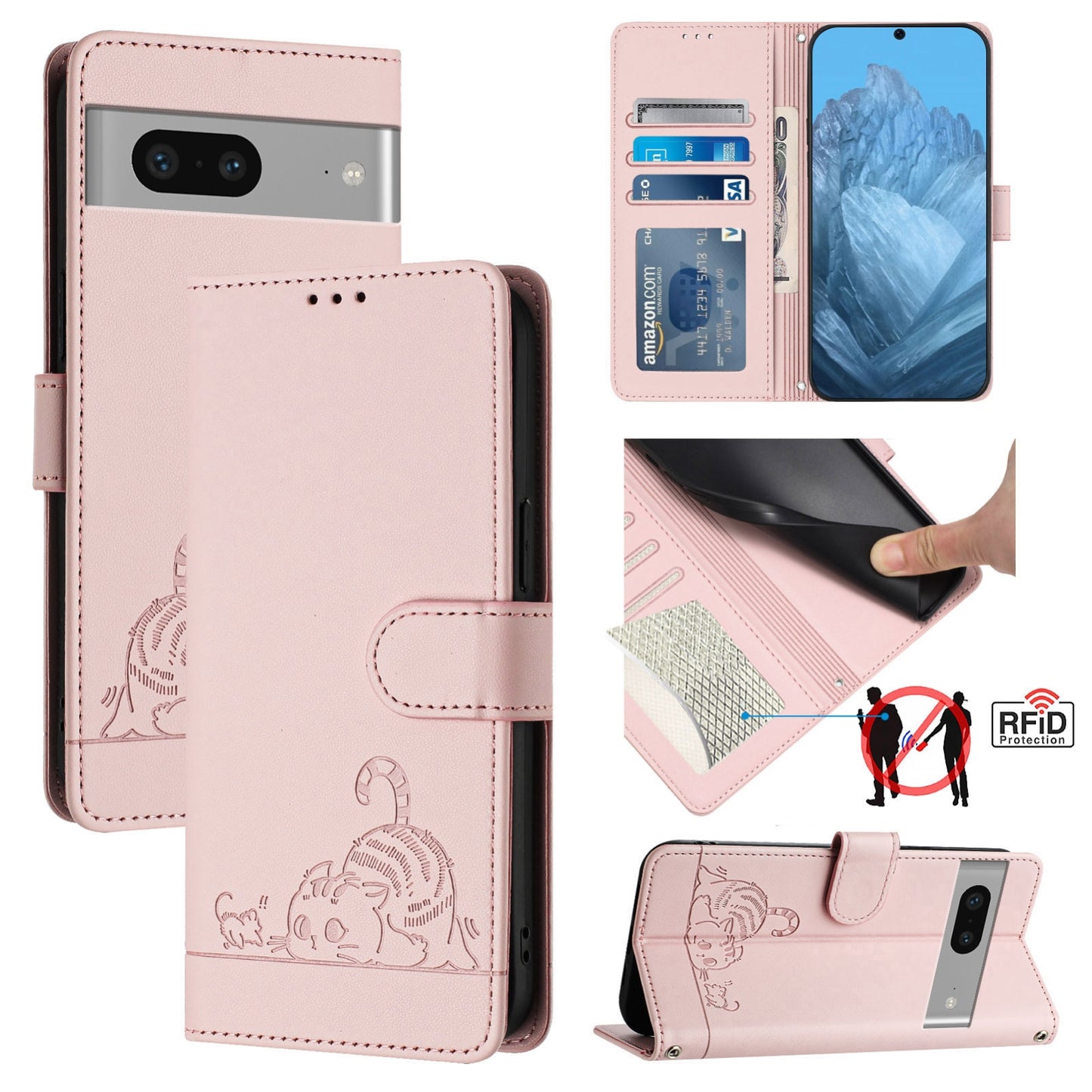Google Pixel 7 5G Cat and Mouse Embossed PU Leather RFID Case with Wallet Slots, Anti-Fall Protection, Kickstand, and Lanyard-buycases.co.uk