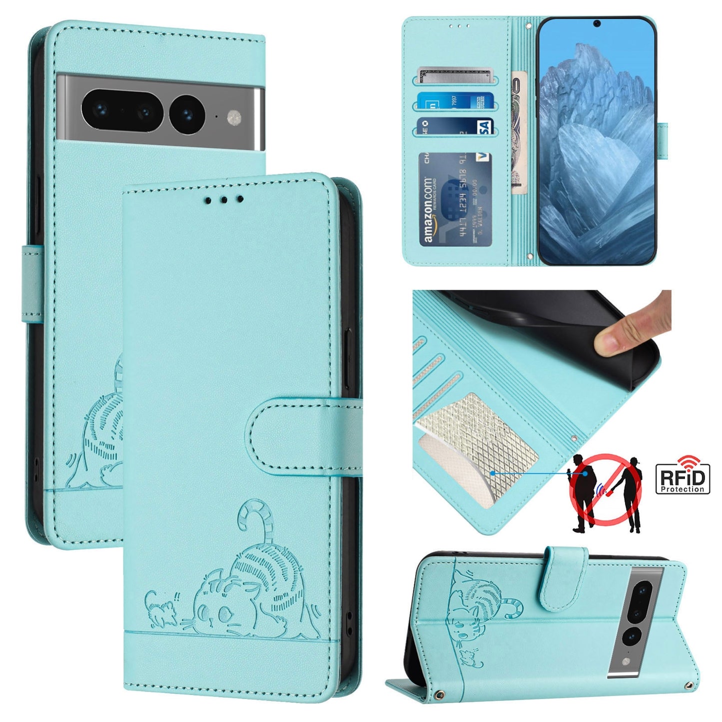 Google Pixel 7 Pro 5G Cat and Mouse Embossed PU Leather RFID Case with Wallet Slots, Anti-Fall Protection, Kickstand, and Lanyard-buycases.co.uk