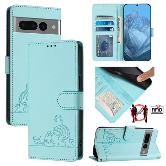 Google Pixel 7 Pro 5G Cat and Mouse Embossed PU Leather RFID Case with Wallet Slots, Anti-Fall Protection, Kickstand, and Lanyard-buycases.co.uk