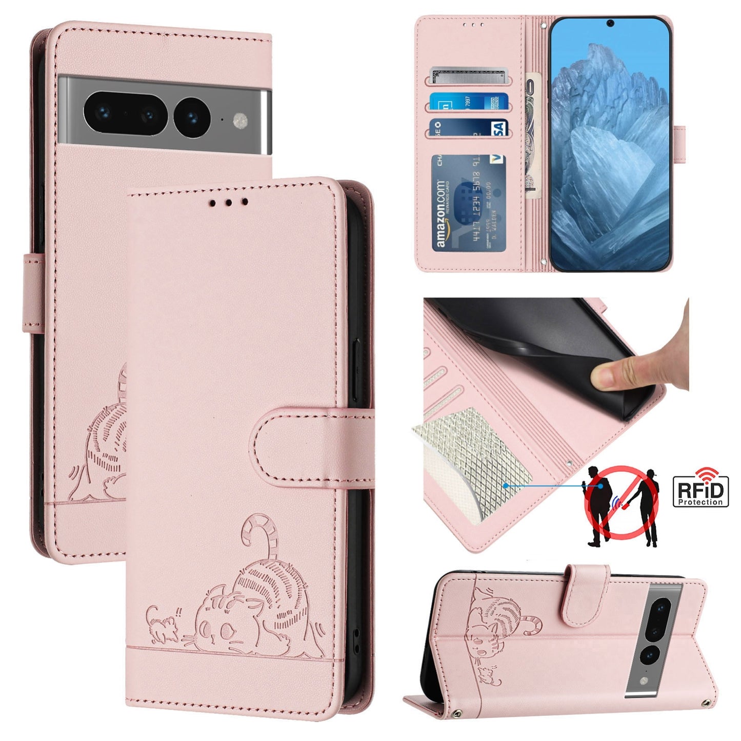Google Pixel 7 Pro 5G Cat and Mouse Embossed PU Leather RFID Case with Wallet Slots, Anti-Fall Protection, Kickstand, and Lanyard-buycases.co.uk