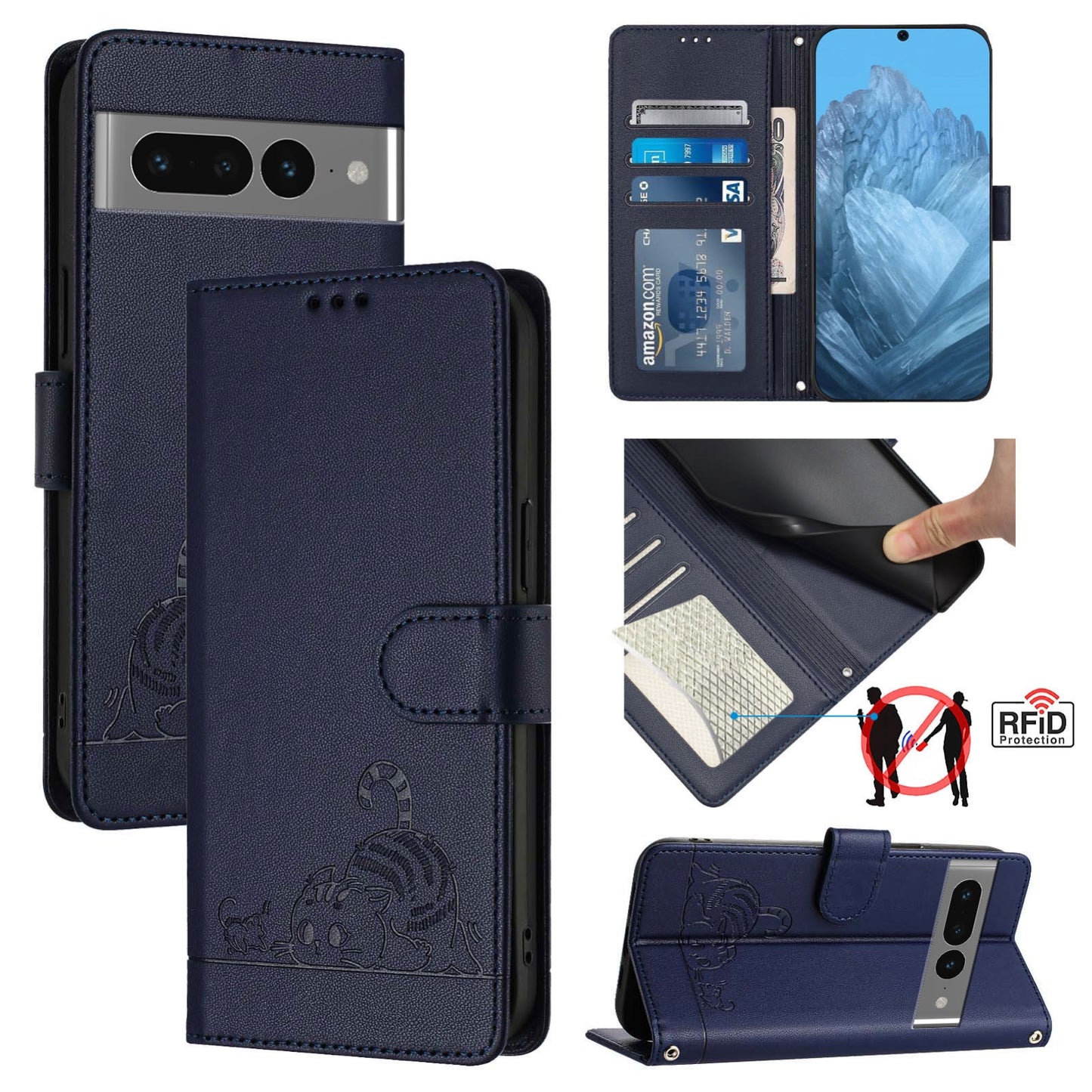 Google Pixel 7 Pro 5G Cat and Mouse Embossed PU Leather RFID Case with Wallet Slots, Anti-Fall Protection, Kickstand, and Lanyard-buycases.co.uk