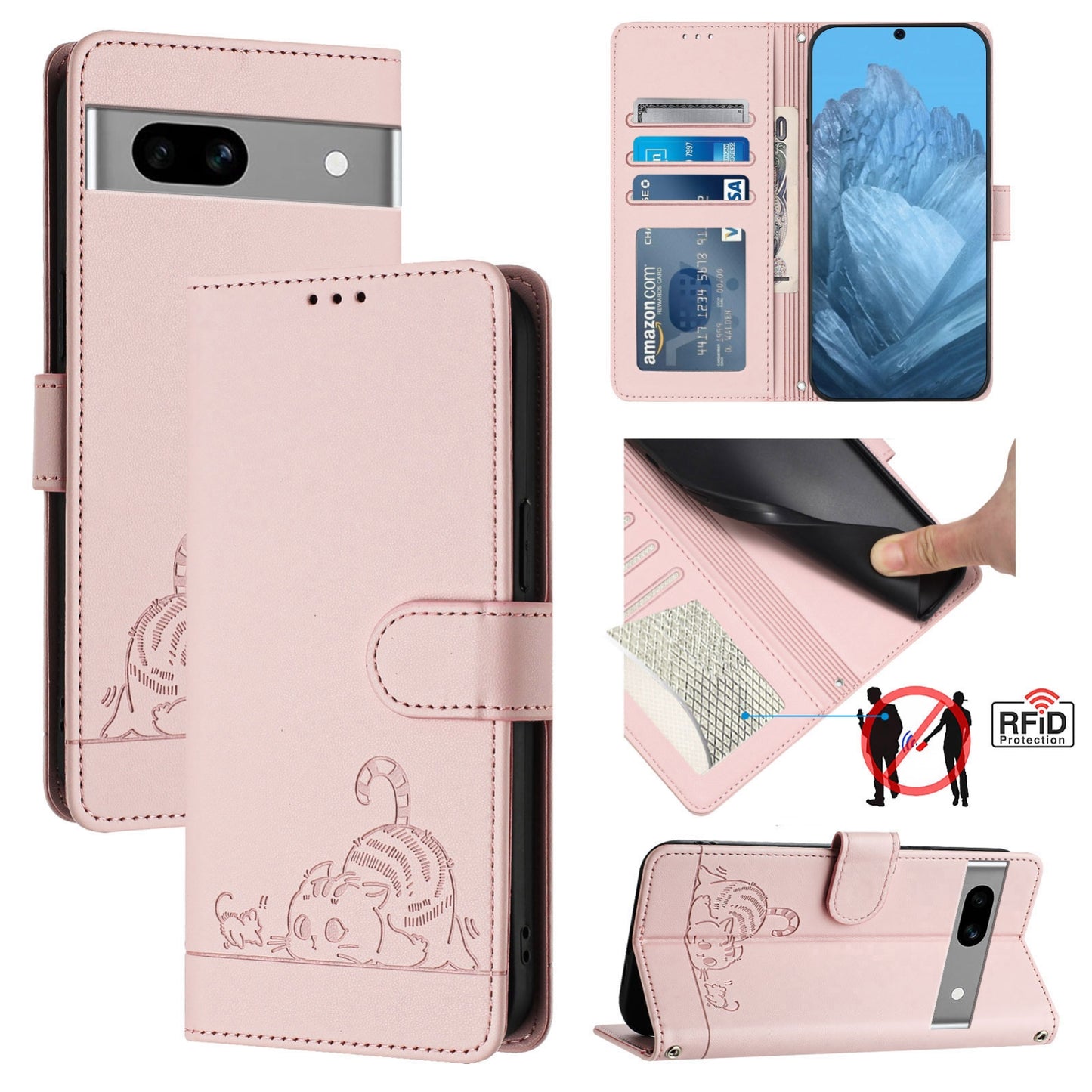 Google Pixel 7A Cat and Mouse Embossed PU Leather RFID Case with Wallet Slots, Anti-Fall Protection, Kickstand, and Lanyard-buycases.co.uk