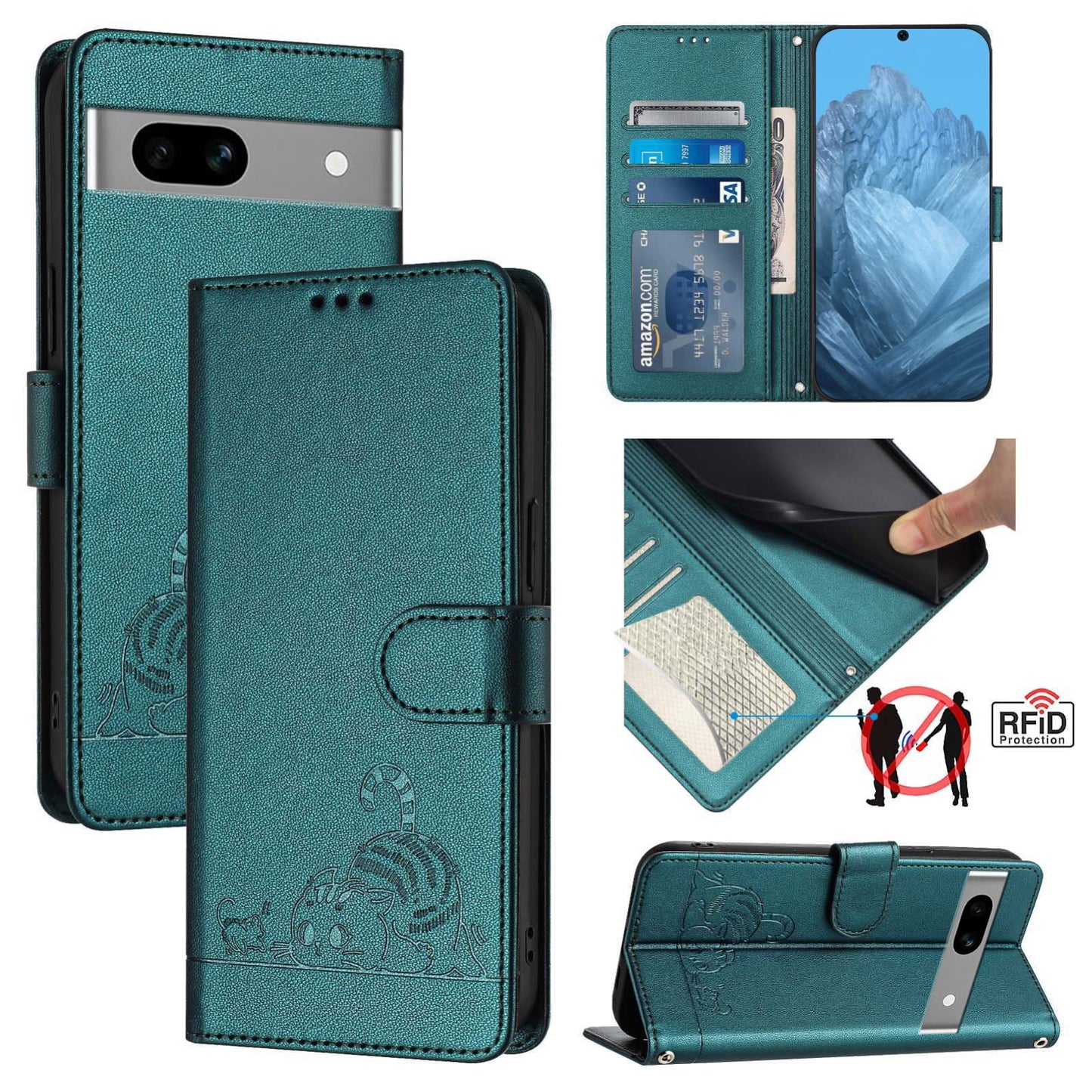 Google Pixel 7A Cat and Mouse Embossed PU Leather RFID Case with Wallet Slots, Anti-Fall Protection, Kickstand, and Lanyard-buycases.co.uk