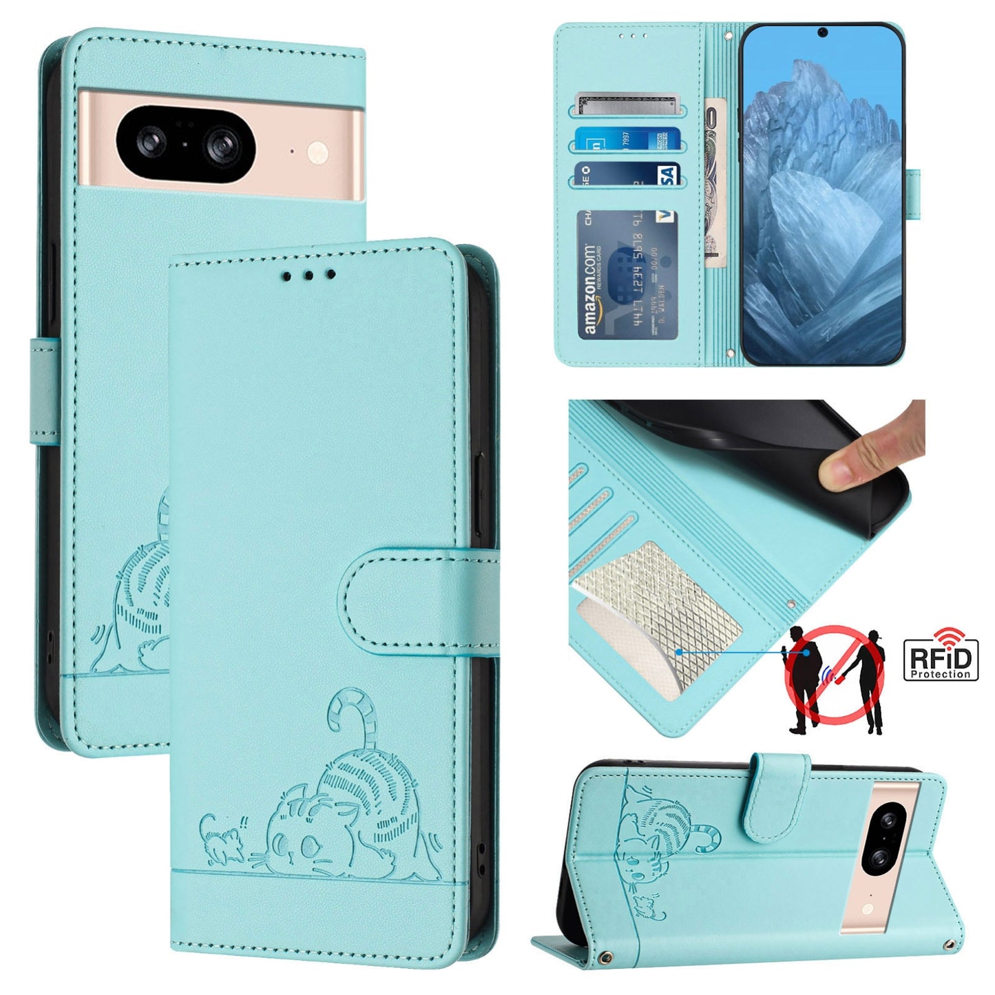Google Pixel 8 Cat and Mouse Embossed PU Leather RFID Case with Wallet Slots, Anti-Fall Protection, Kickstand, and Lanyard-buycases.co.uk
