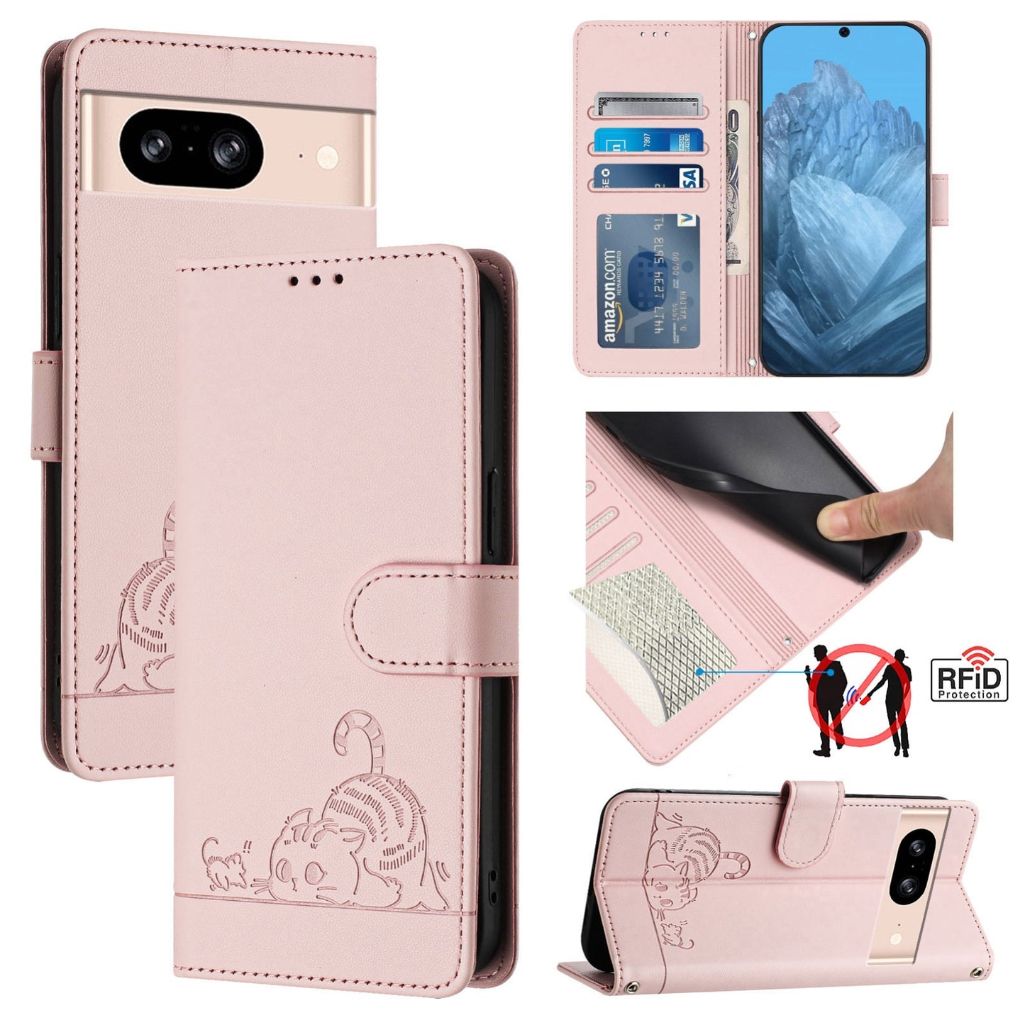 Google Pixel 8 Cat and Mouse Embossed PU Leather RFID Case with Wallet Slots, Anti-Fall Protection, Kickstand, and Lanyard-buycases.co.uk